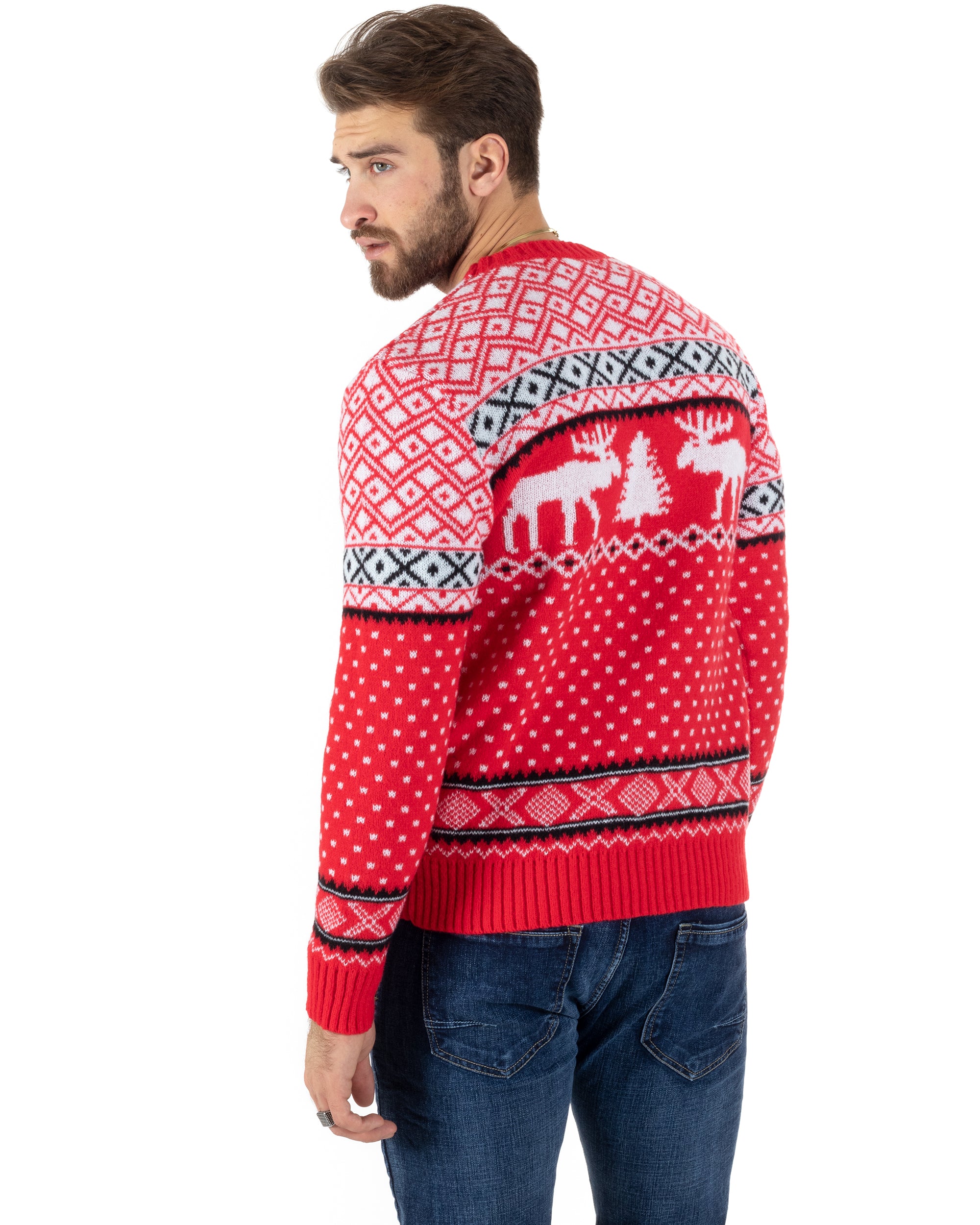 Maglione Uomo Natalizio Girocollo Maglia Calda Fantasia Casual Pullover Natalizio Morbido Rosso GIOSAL-M2773A