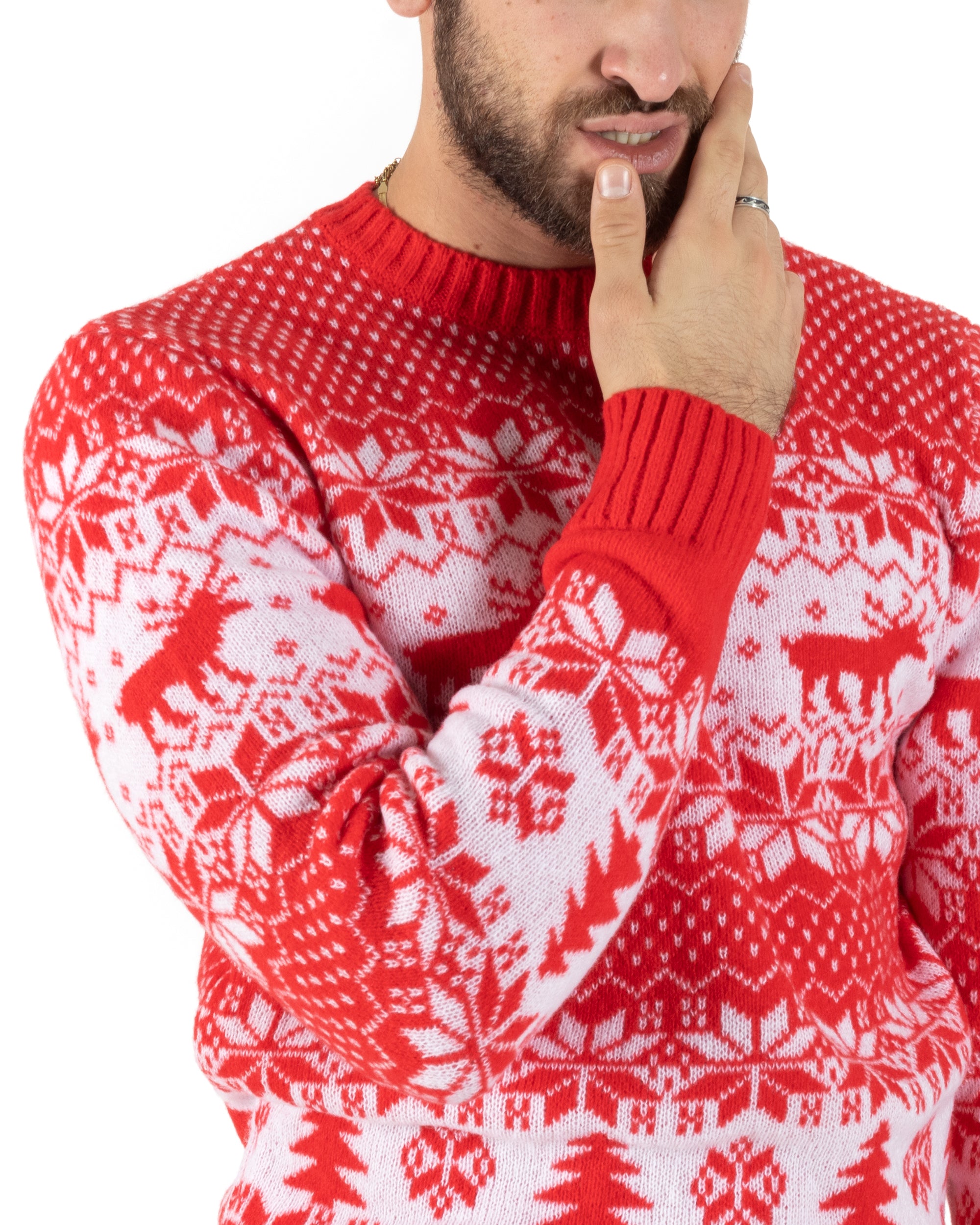 Maglione Uomo Natalizio Girocollo Maglia Calda Fantasia Casual Pullover Natalizio Morbido Rosso GIOSAL-M2776A