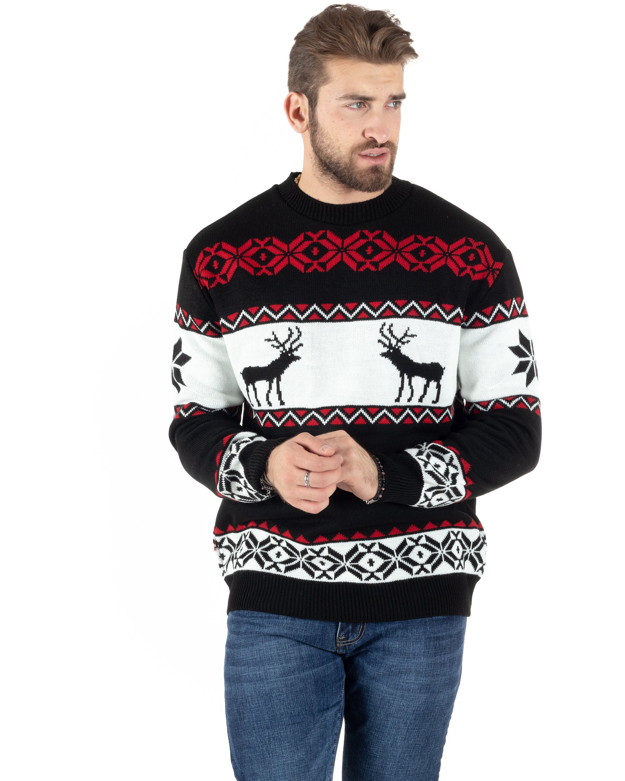 Maglione Uomo Natalizio Girocollo Maglia Calda Fantasia Casual Pullover Natalizio Morbido Nero GIOSAL-M2778A