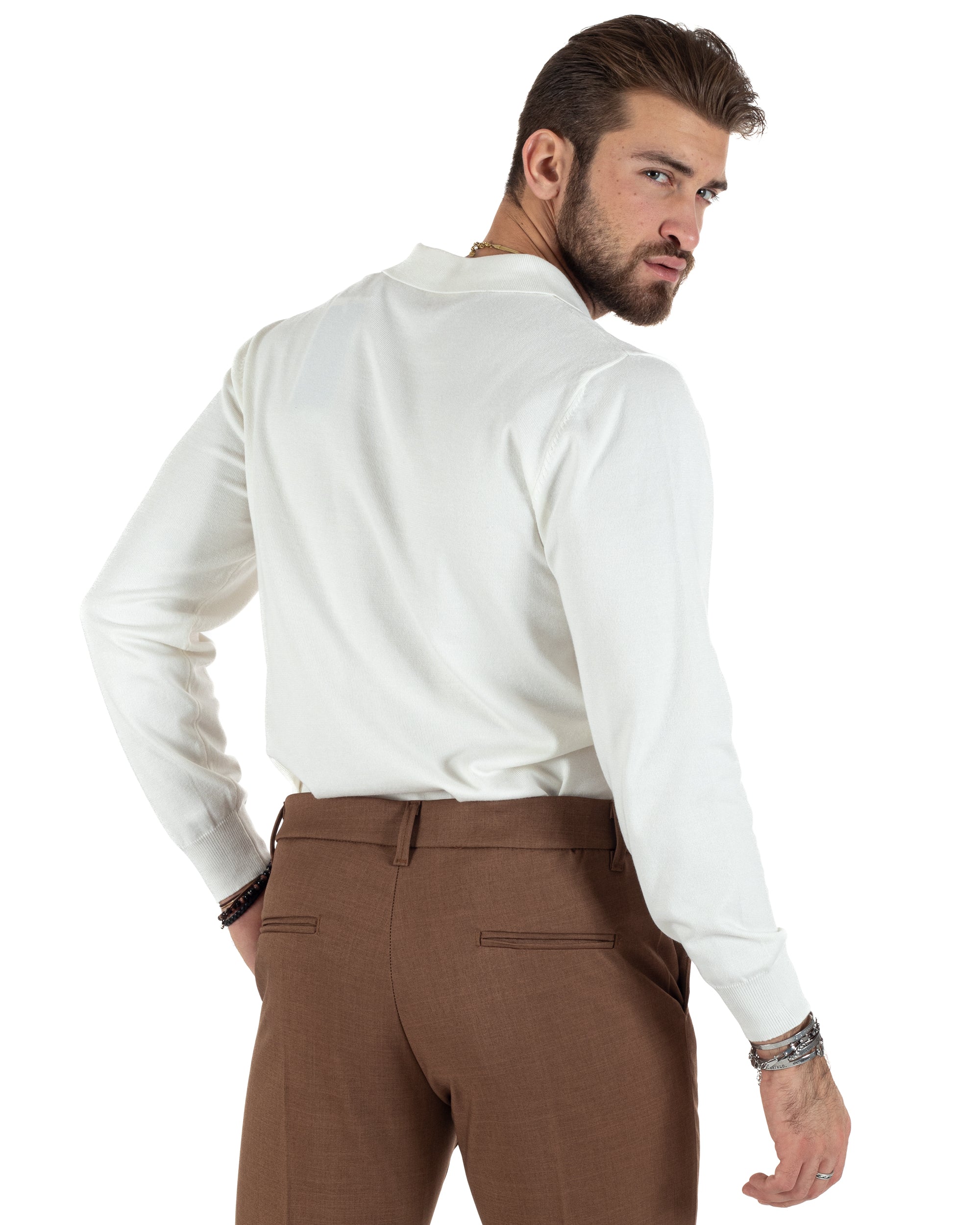 Maglioncino Uomo Casual Maglia Con Colletto Polo Scollo V Tinta Unita Basic Bianco GIOSAL-M2781A