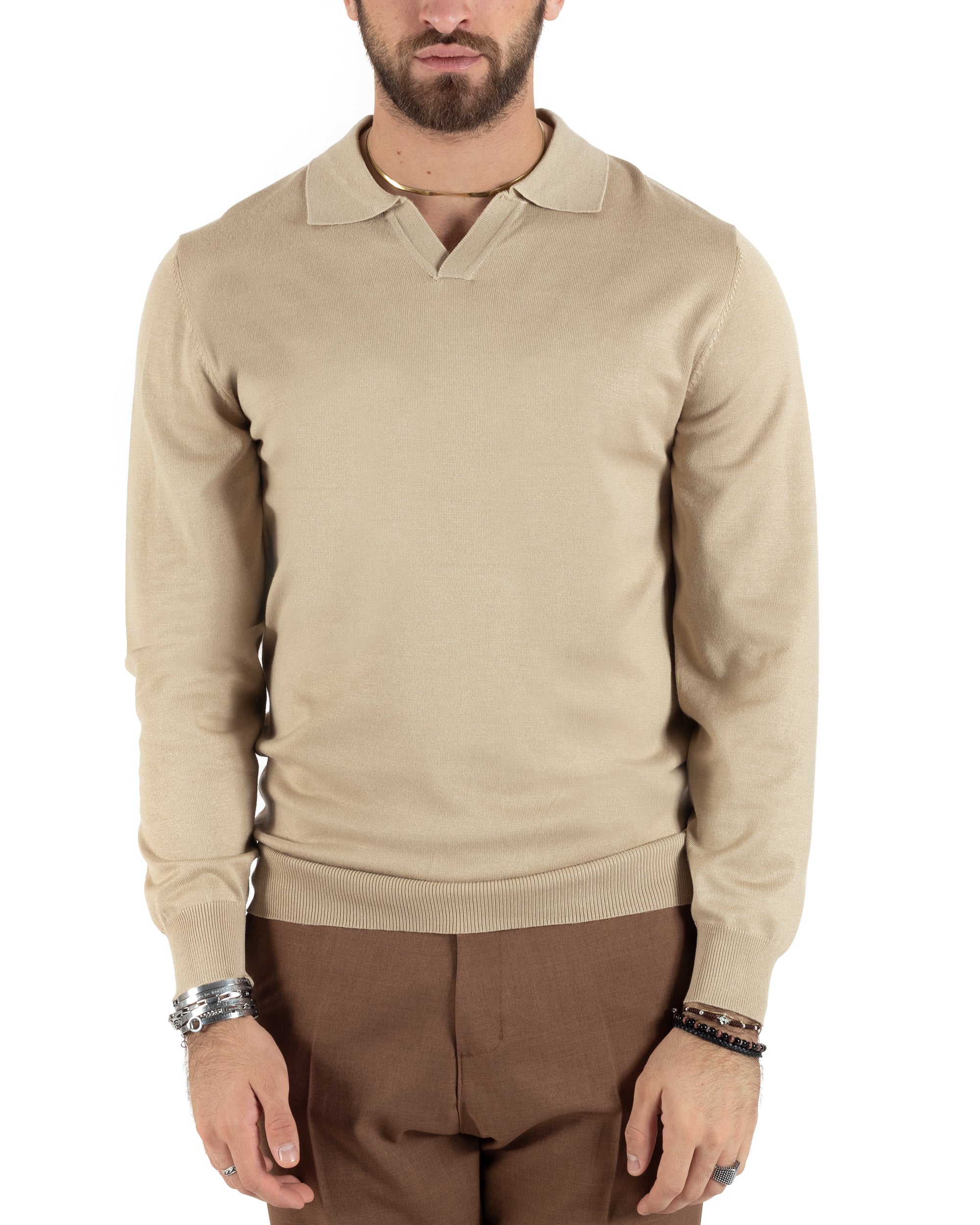 Maglioncino Uomo Casual Maglia Con Colletto Polo Scollo V Tinta Unita Basic Beige GIOSAL-M2782A