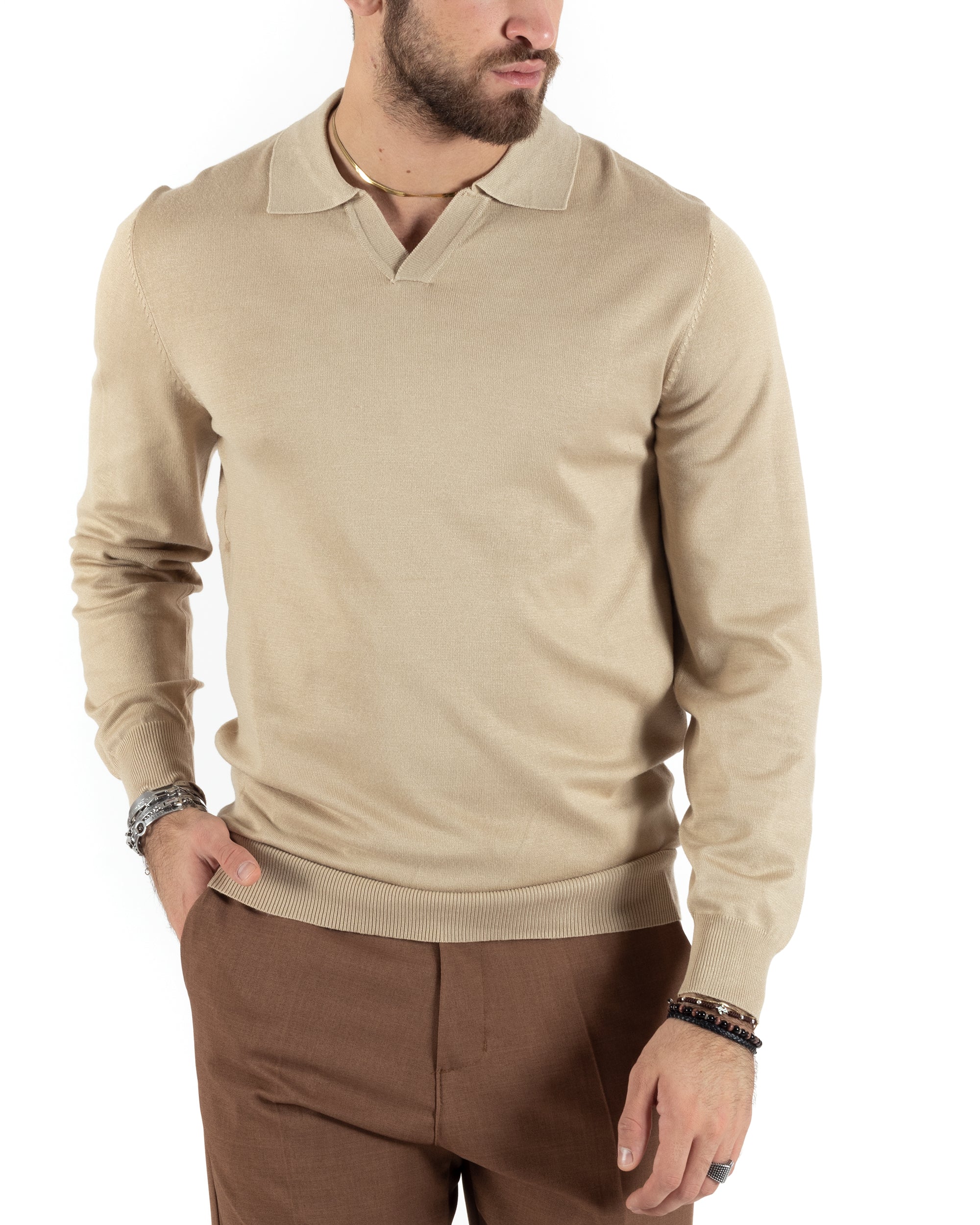 Maglioncino Uomo Casual Maglia Con Colletto Polo Scollo V Tinta Unita