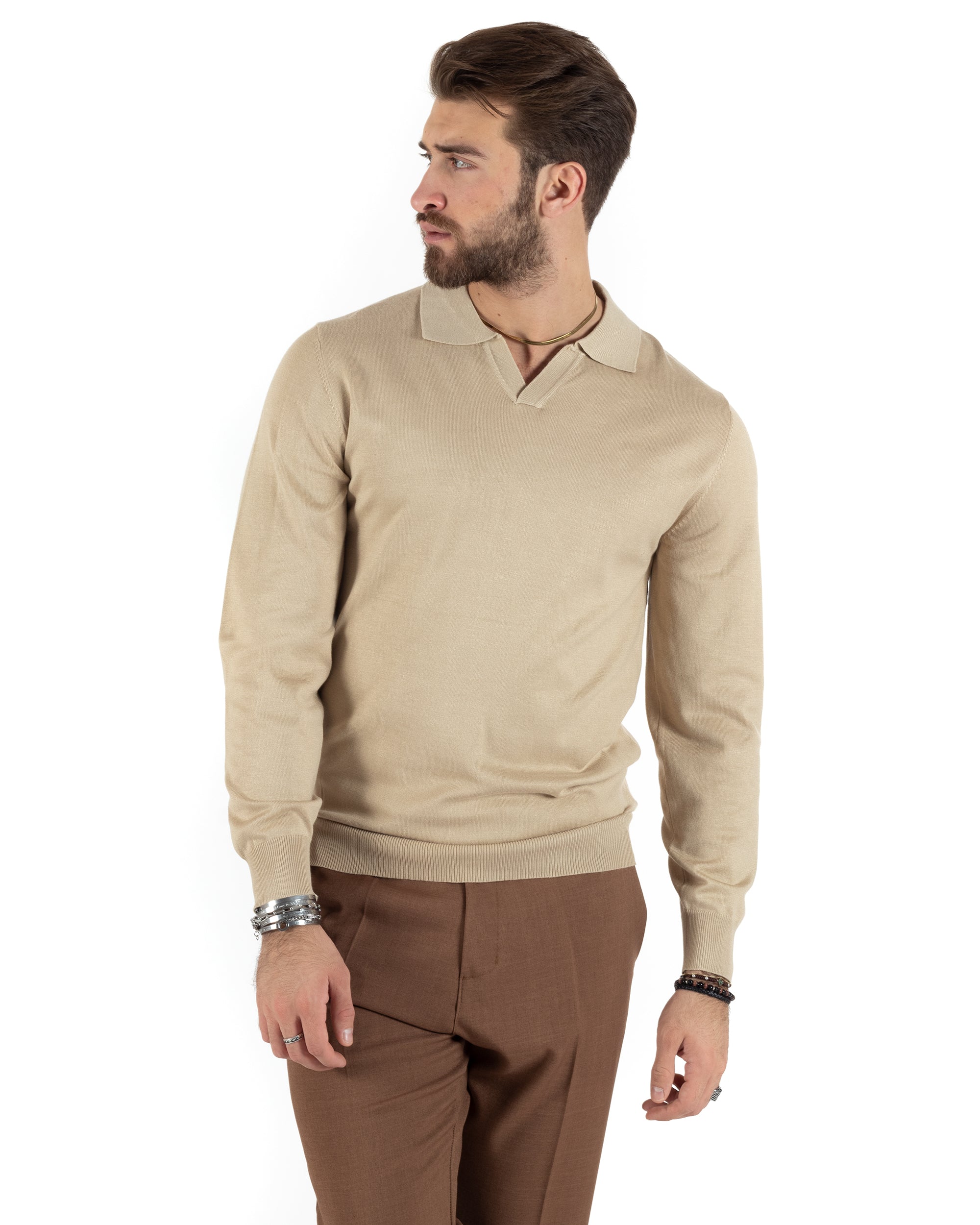 Maglioncino Uomo Casual Maglia Con Colletto Polo Scollo V Tinta Unita Basic Beige GIOSAL-M2782A