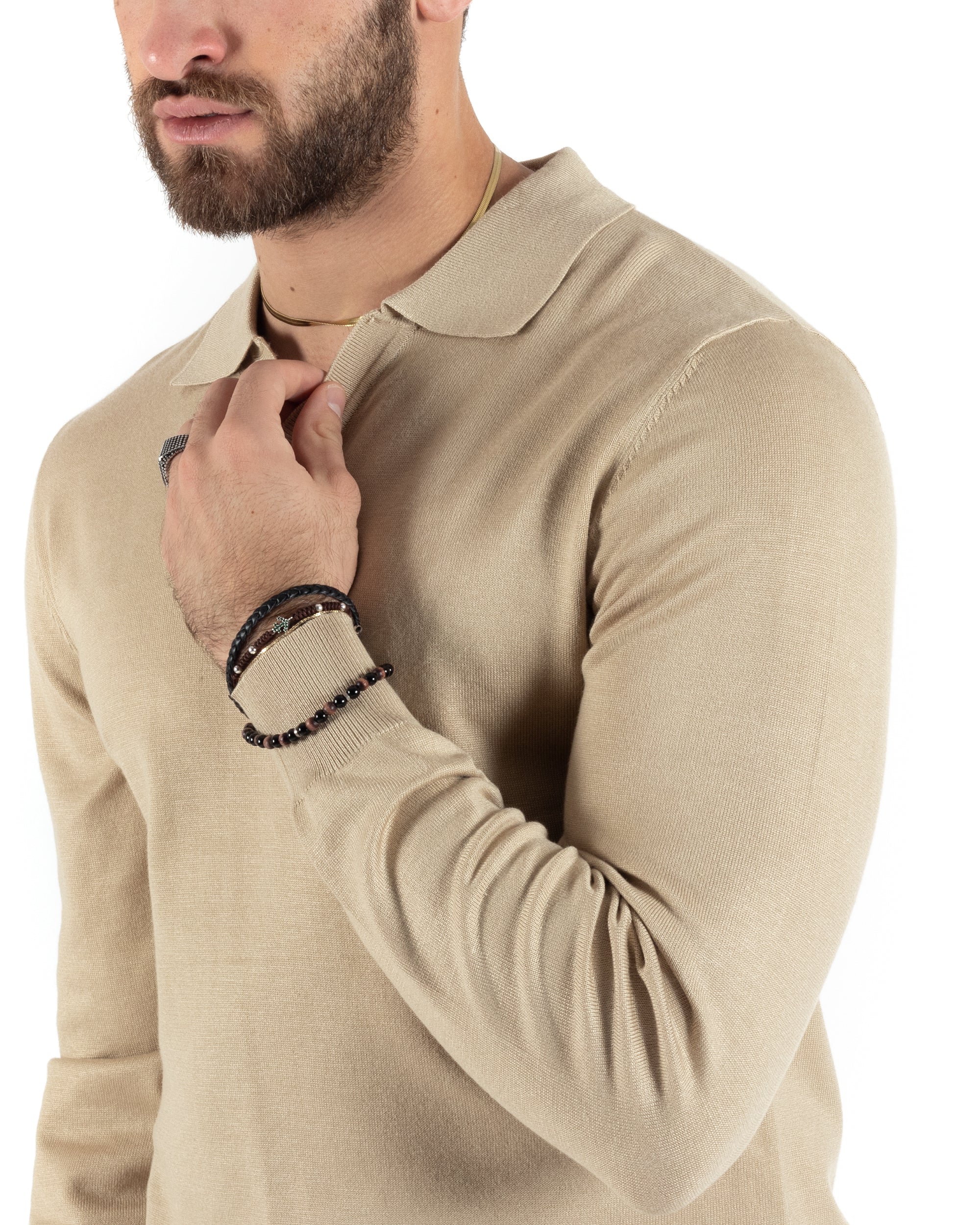 Maglioncino Uomo Casual Maglia Con Colletto Polo Scollo V Tinta Unita Basic Beige GIOSAL-M2782A