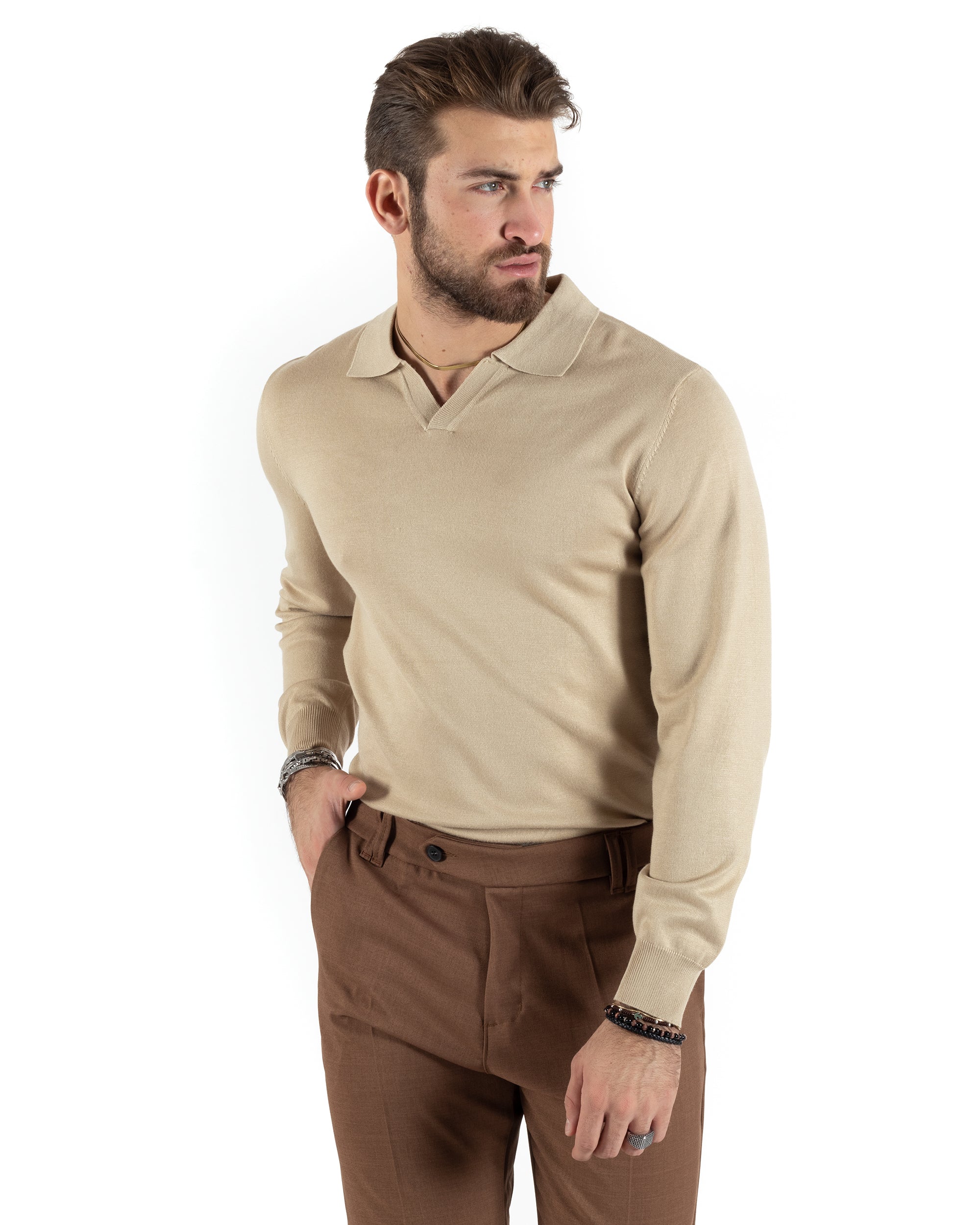 Maglioncino Uomo Casual Maglia Con Colletto Polo Scollo V Tinta Unita Basic Beige GIOSAL-M2782A