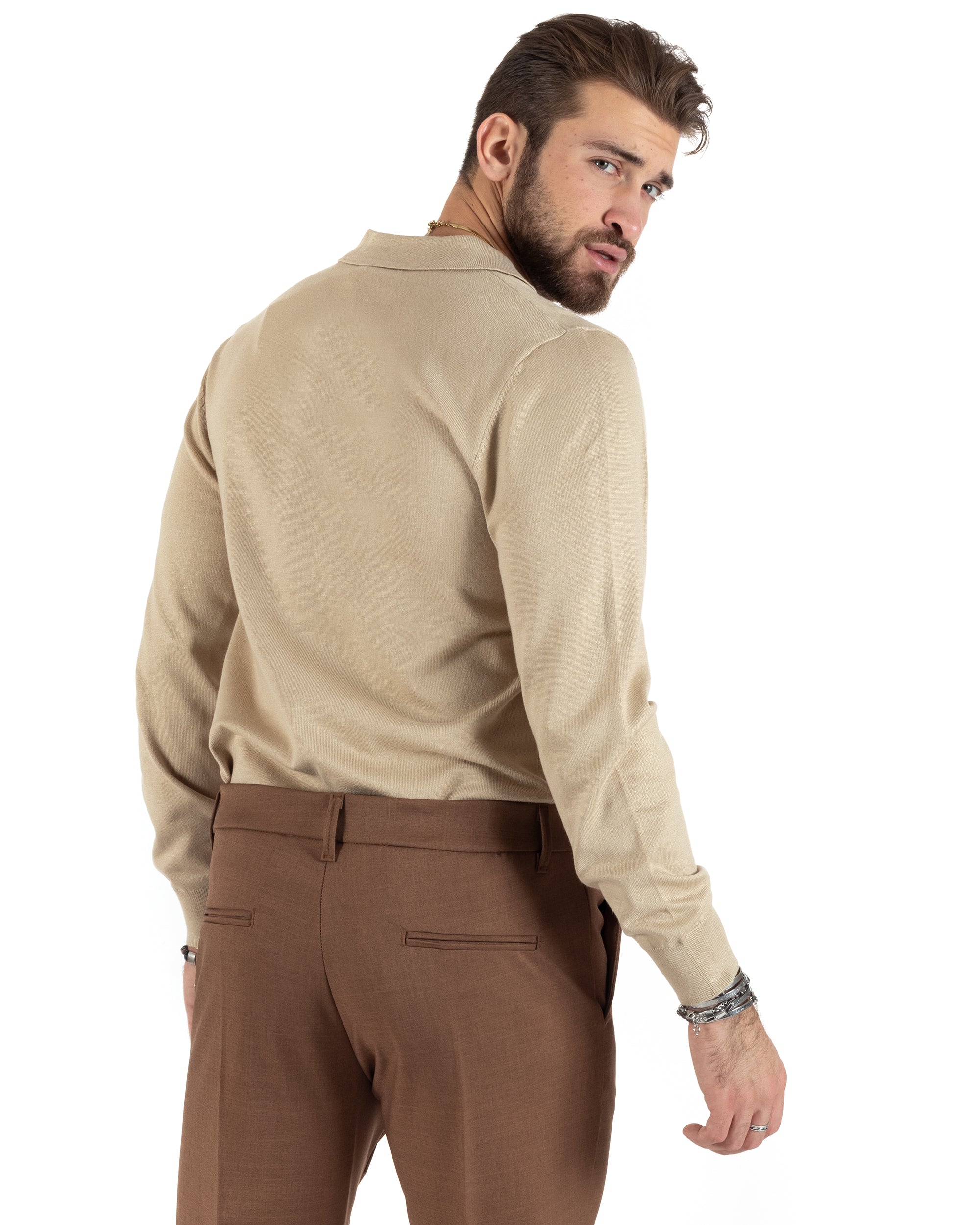 Maglioncino Uomo Casual Maglia Con Colletto Polo Scollo V Tinta Unita Basic Beige GIOSAL-M2782A