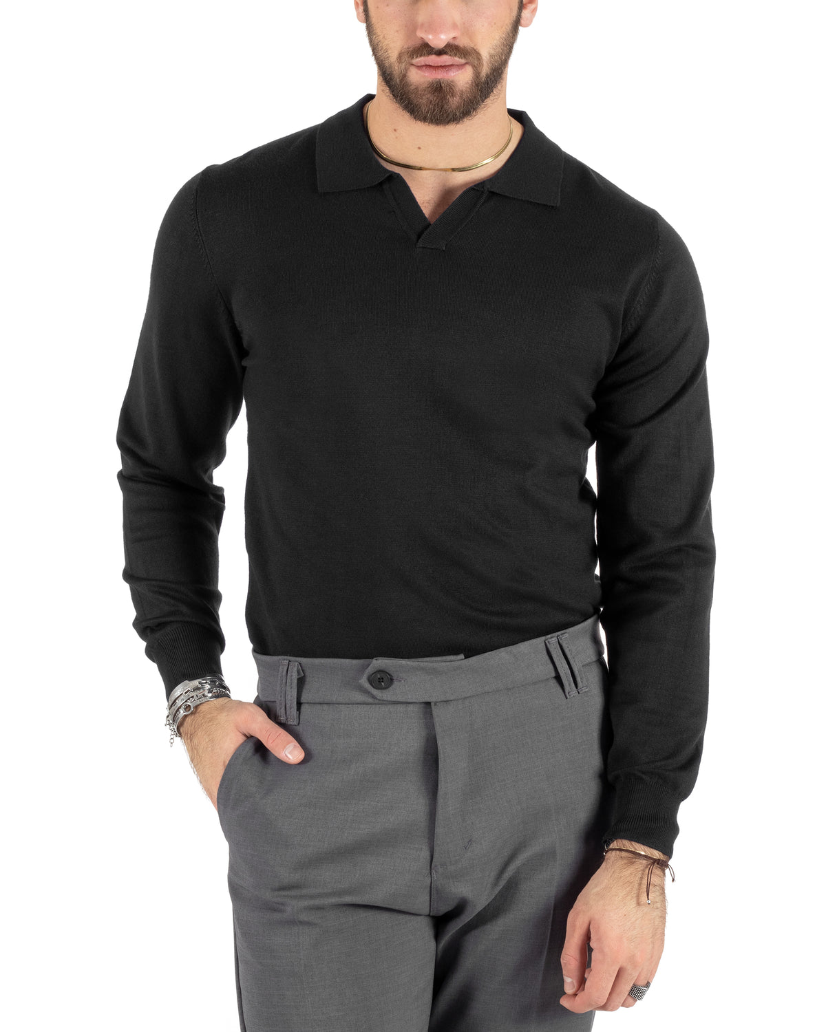Men's Casual Sweater Polo Collar V-Neck Solid Color Basic Black GIOSAL-M2784A