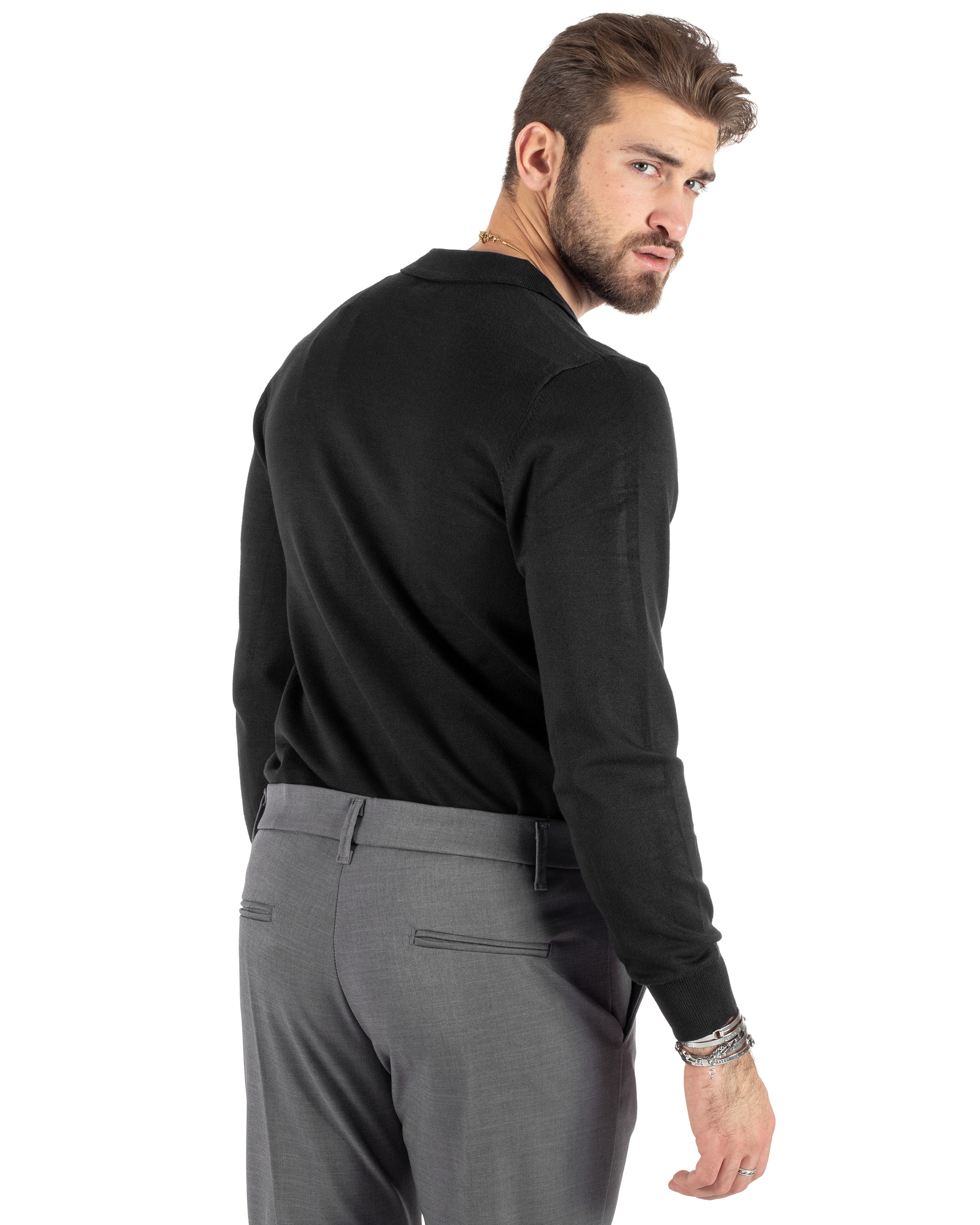 Maglioncino Uomo Casual Maglia Con Colletto Polo Scollo V Tinta Unita Basic Nero GIOSAL-M2784A