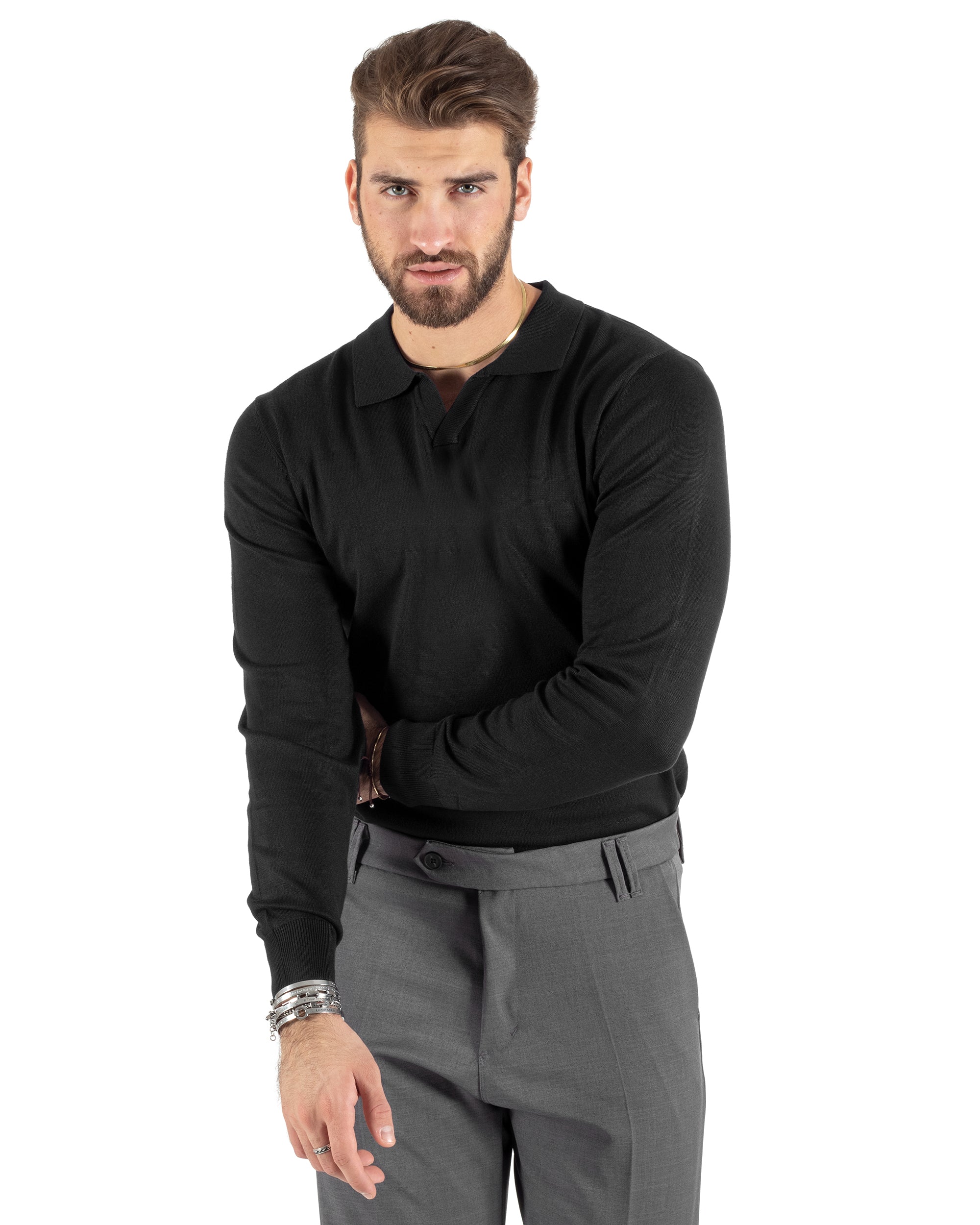 Men's Casual Sweater Polo Collar V-Neck Solid Color Basic Black GIOSAL-M2784A