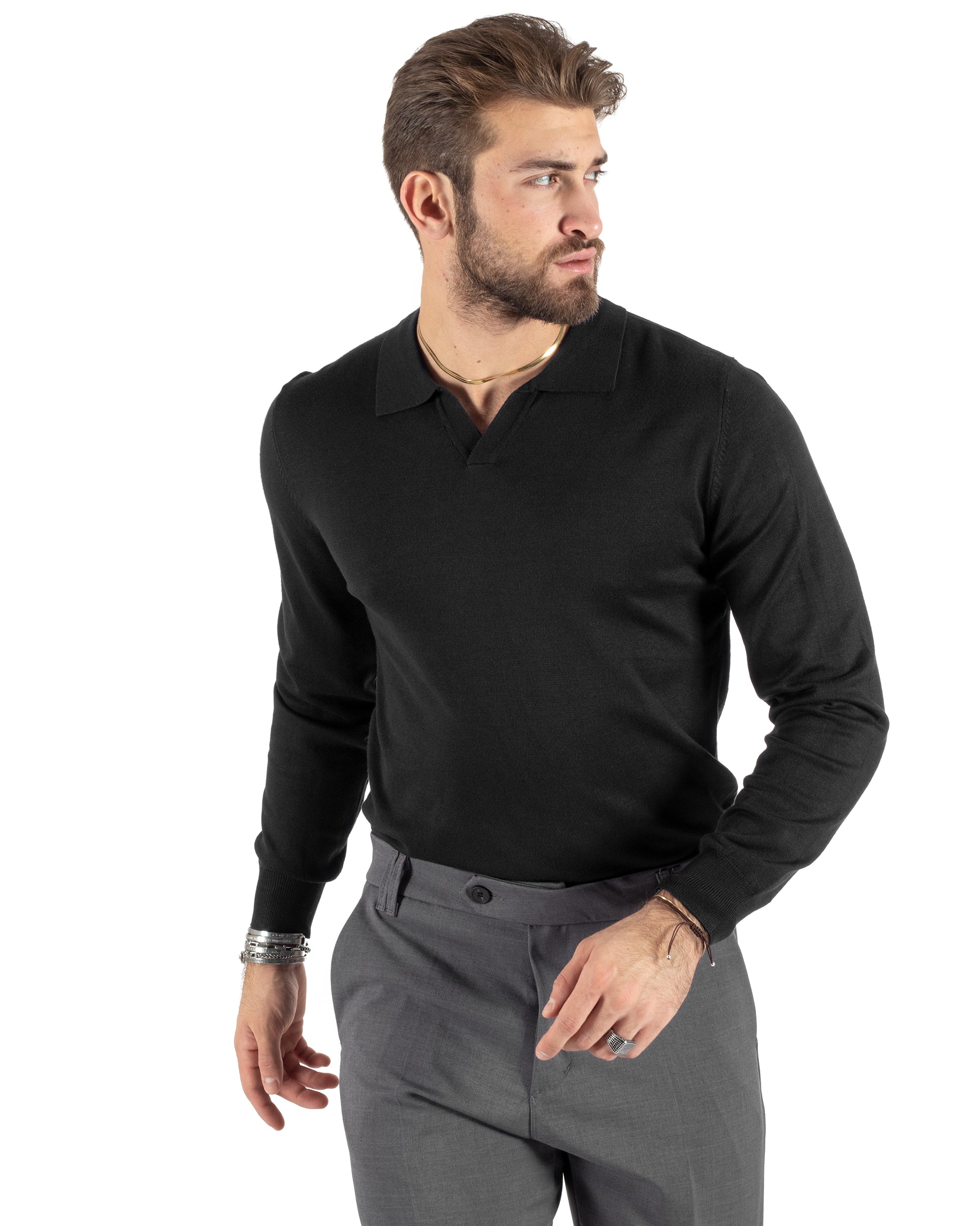 Men's Casual Sweater Polo Collar V-Neck Solid Color Basic Black GIOSAL-M2784A