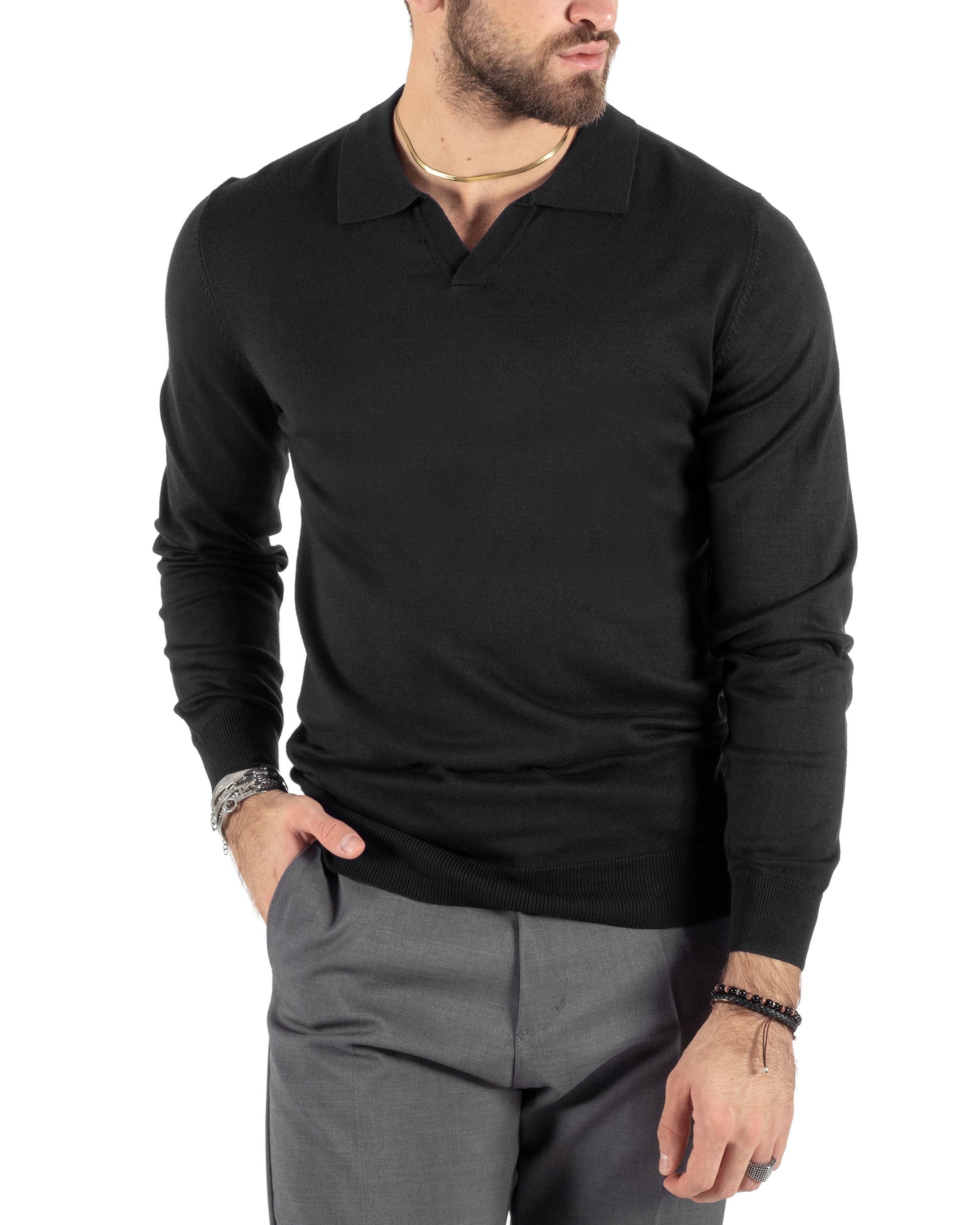 Maglioncino Uomo Casual Maglia Con Colletto Polo Scollo V Tinta Unita Basic Nero GIOSAL-M2784A