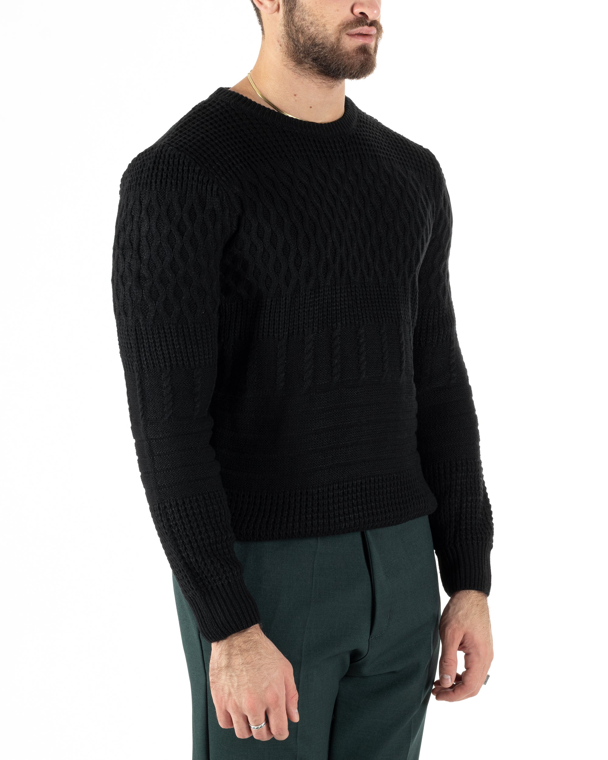 Maglioncino Uomo Girocollo Maglia Inglese Trecce Nero GIOSAL-M2786A