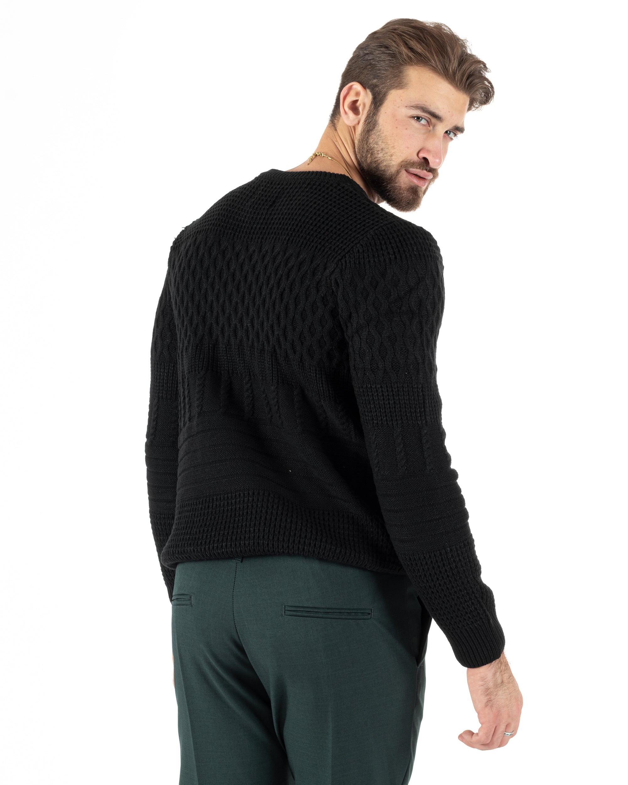 Maglioncino Uomo Girocollo Maglia Inglese Trecce Nero GIOSAL-M2786A