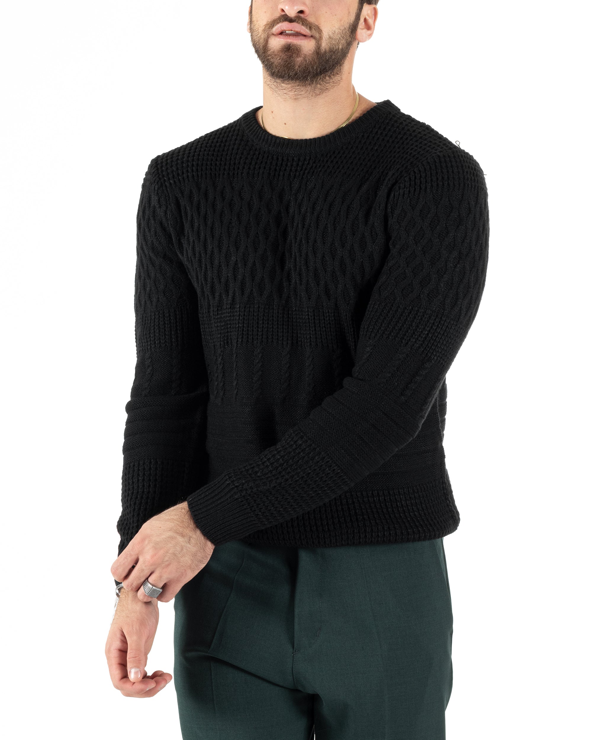 Maglioncino Uomo Girocollo Maglia Inglese Trecce Nero GIOSAL-M2786A