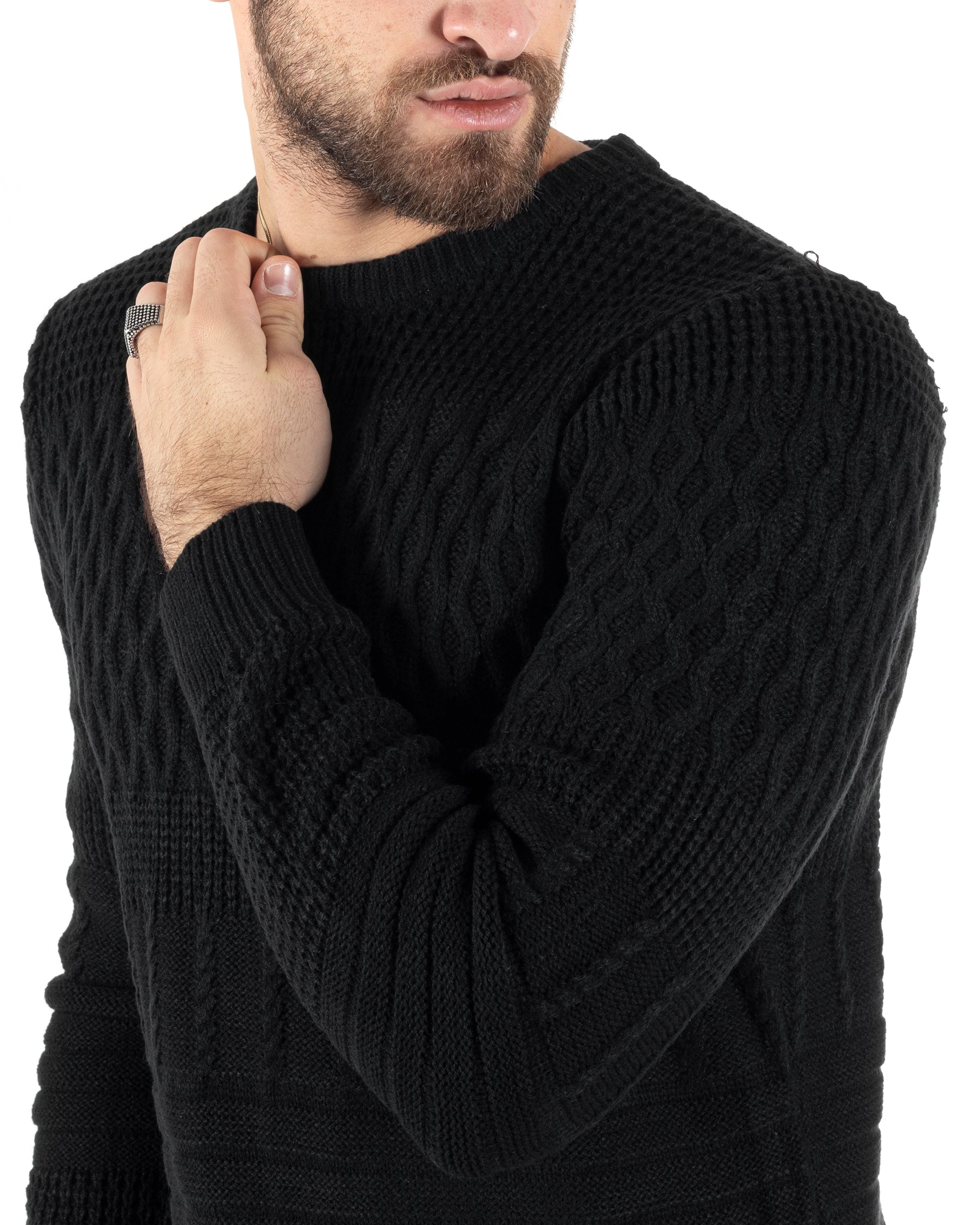 Maglioncino Uomo Girocollo Maglia Inglese Trecce Nero GIOSAL-M2786A