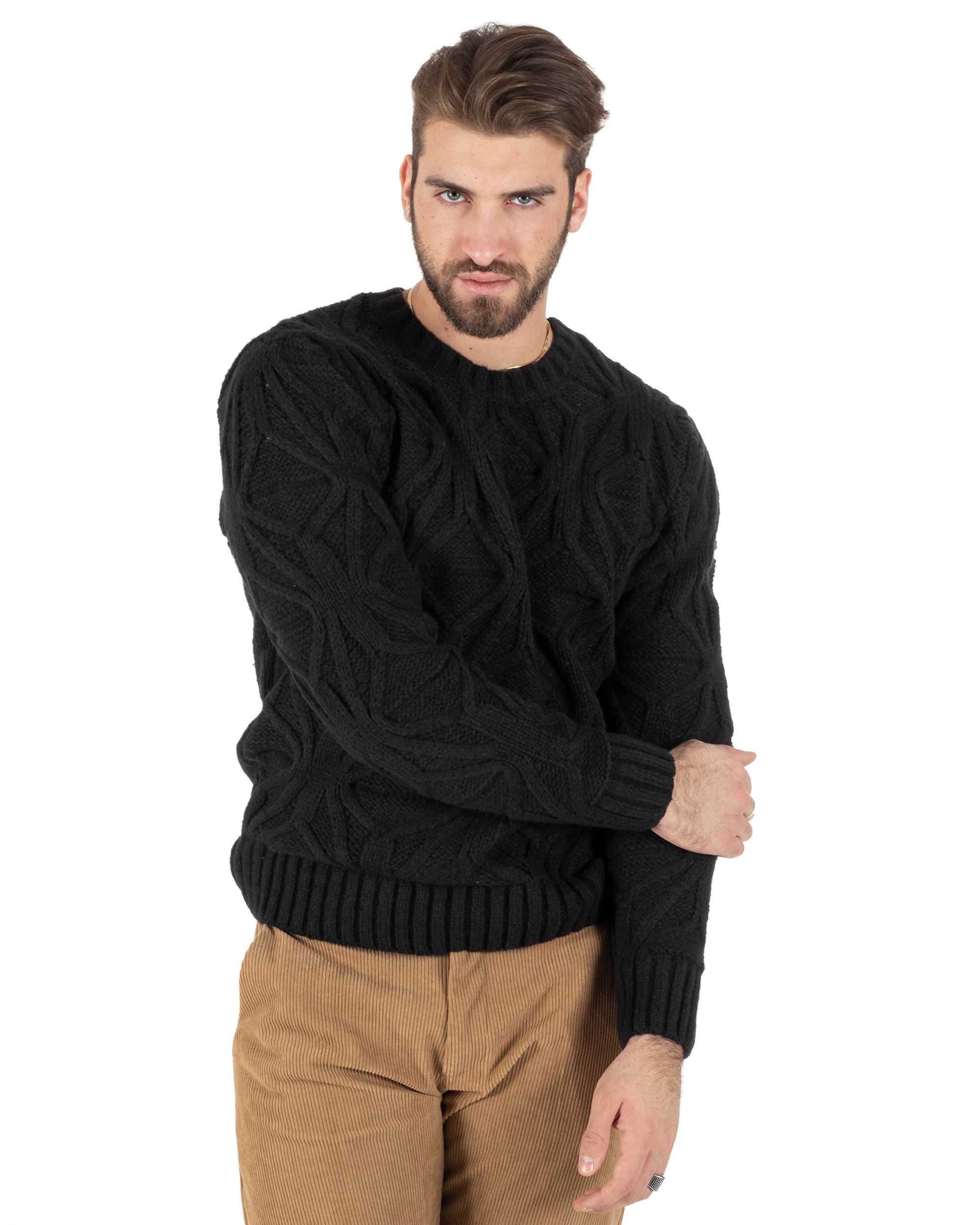 Maglioncino Uomo Girocollo Maglia Inglese Maglione Trecce Rombi Nero GIOSAL-M2789A