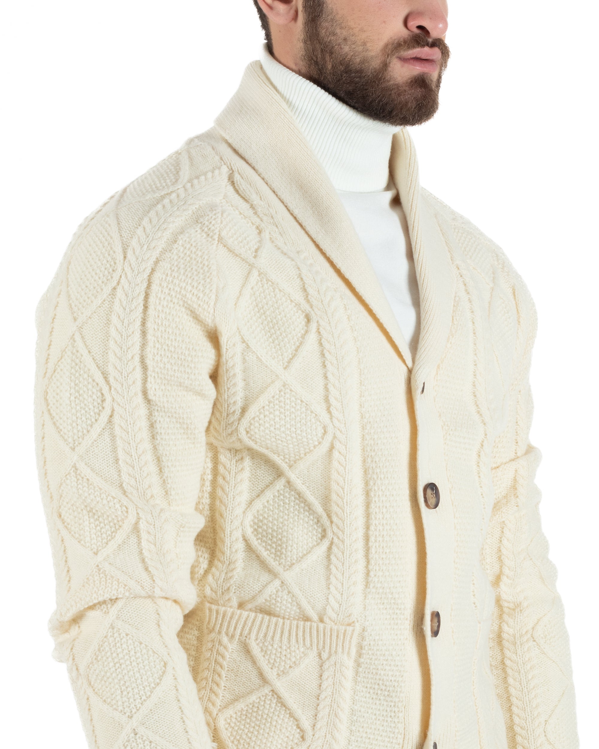 Cardigan Uomo Maglia Collo Sciallato Trecce Panna M2790A