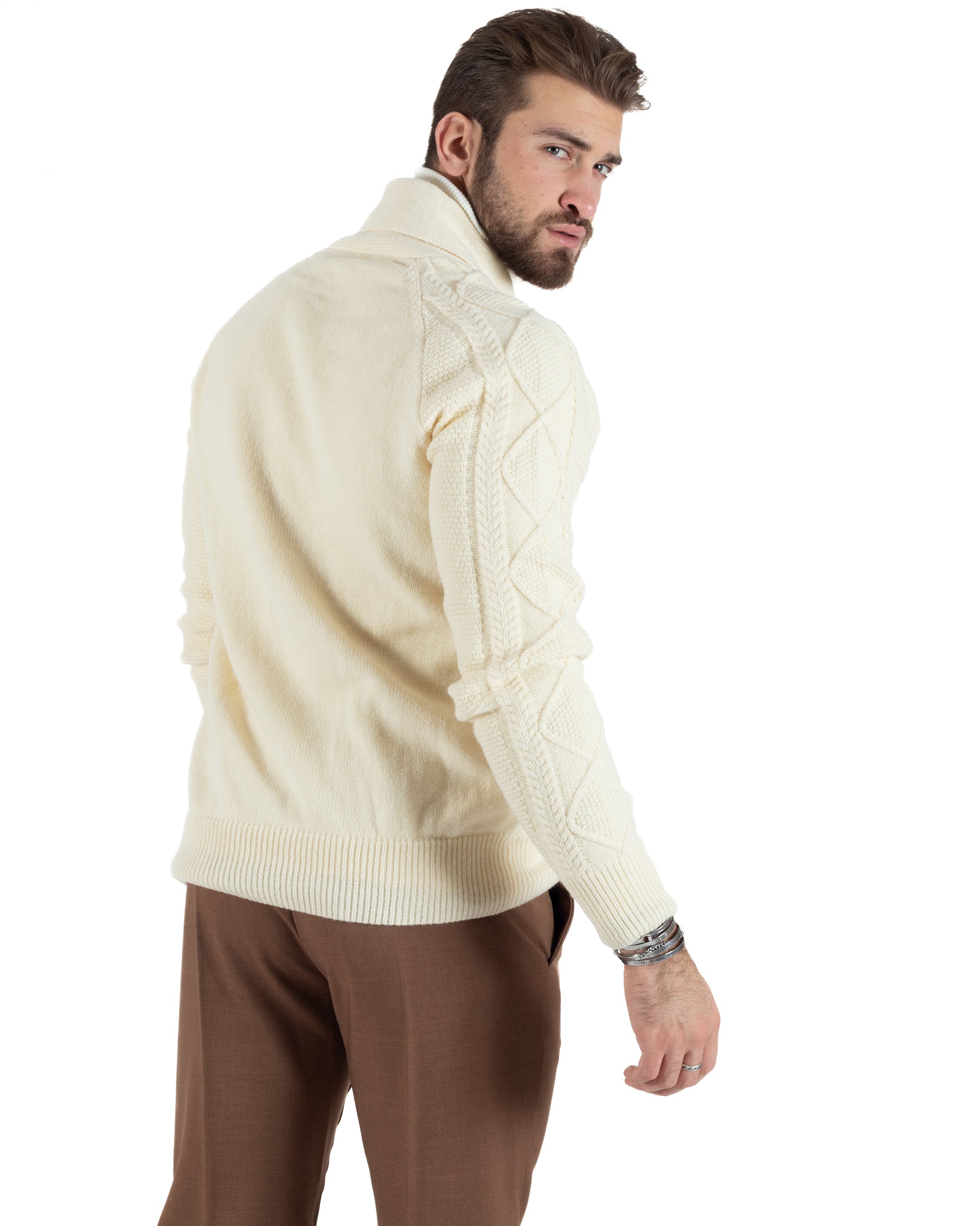 Cardigan Uomo Maglia Collo Sciallato Trecce Panna M2790A