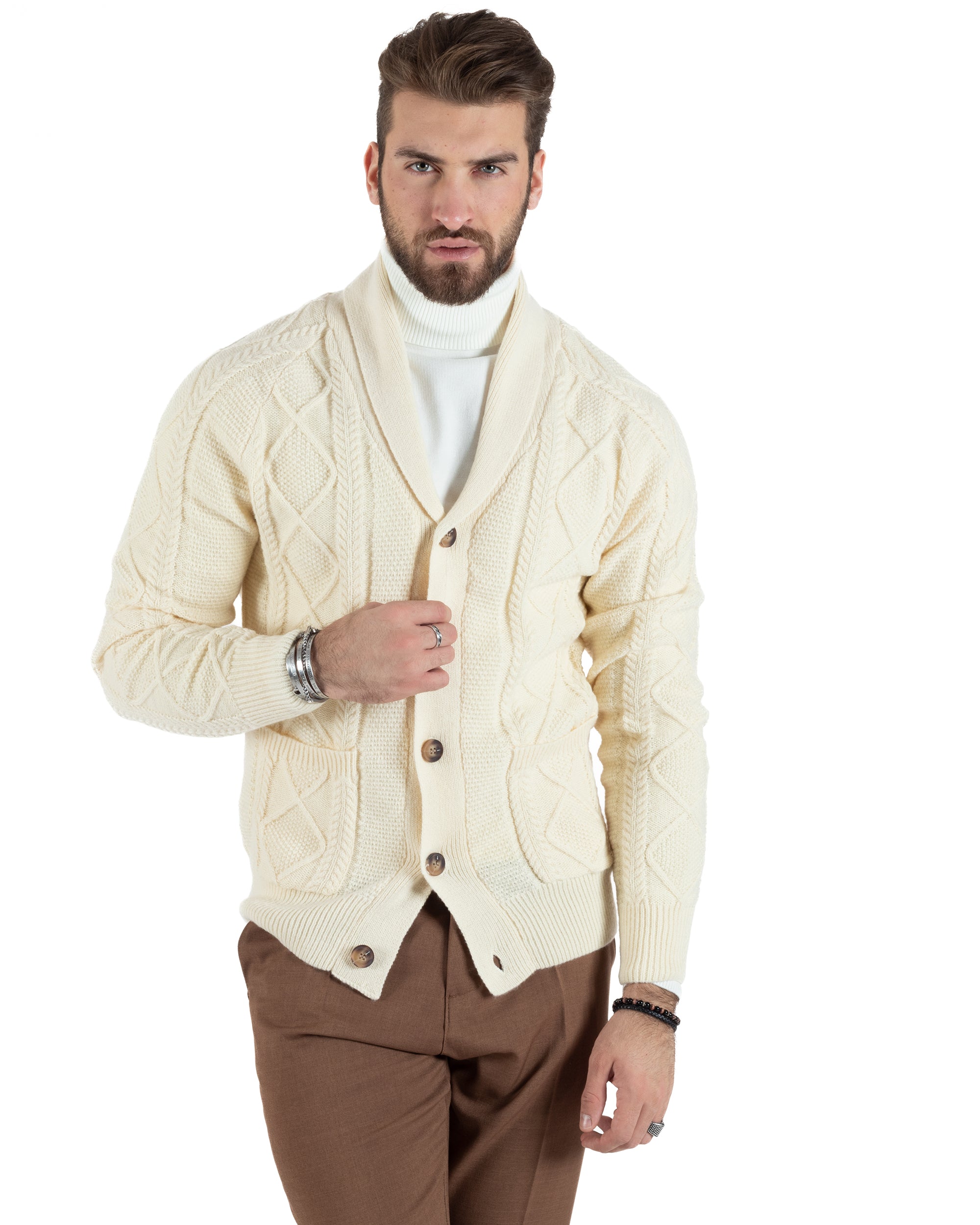 Cardigan Uomo Maglia Collo Sciallato Trecce Panna M2790A