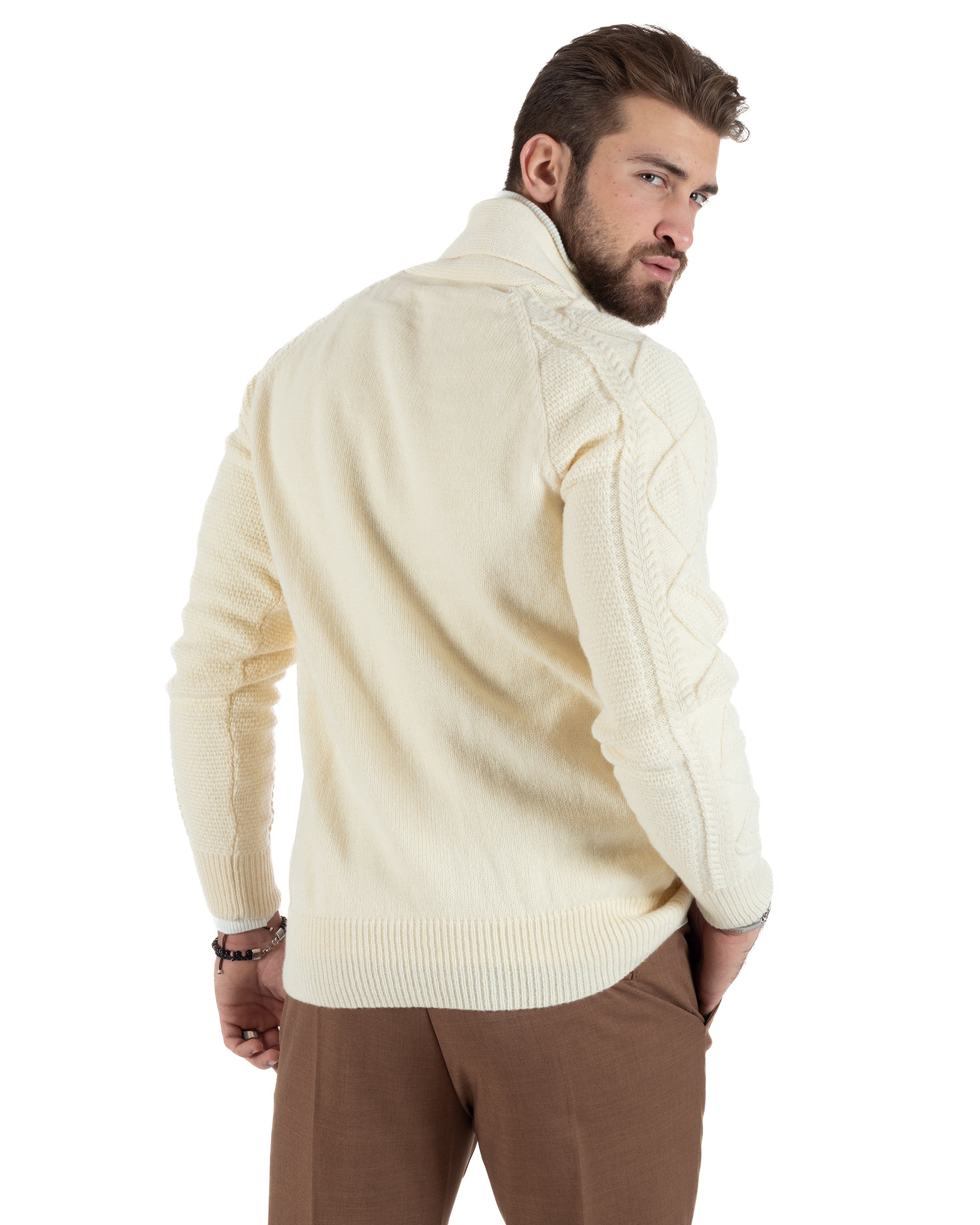 Cardigan Uomo Maglia Collo Sciallato Trecce Panna M2790A