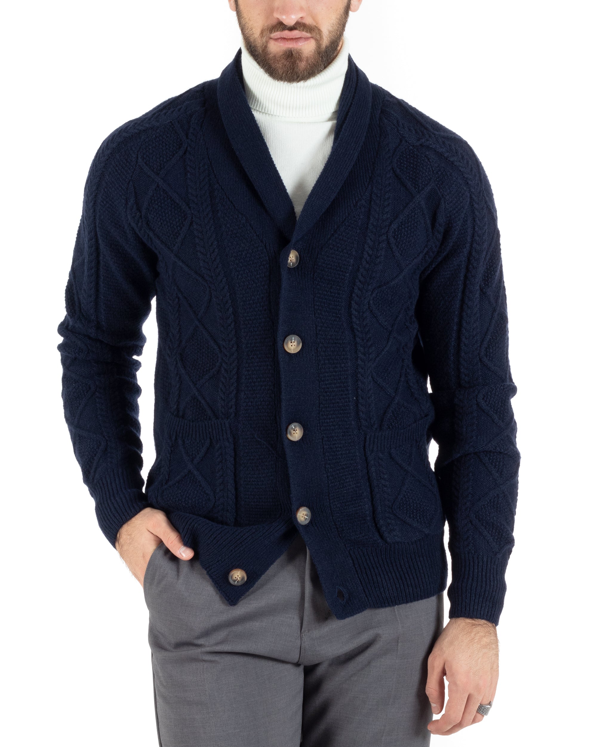 Cardigan Uomo Maglia Collo Sciallato Trecce Blu M2791A