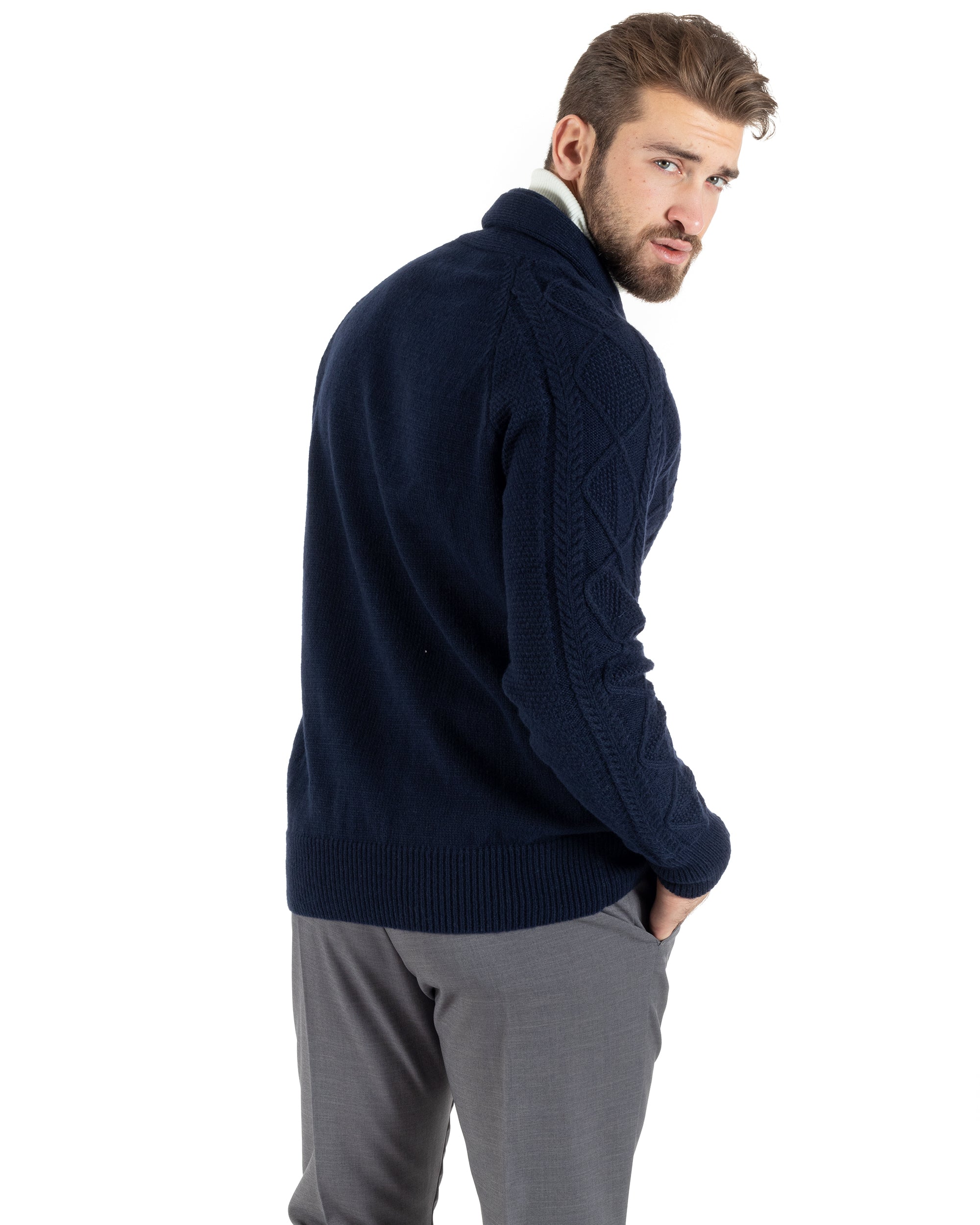 Cardigan Uomo Maglia Collo Sciallato Trecce Blu M2791A
