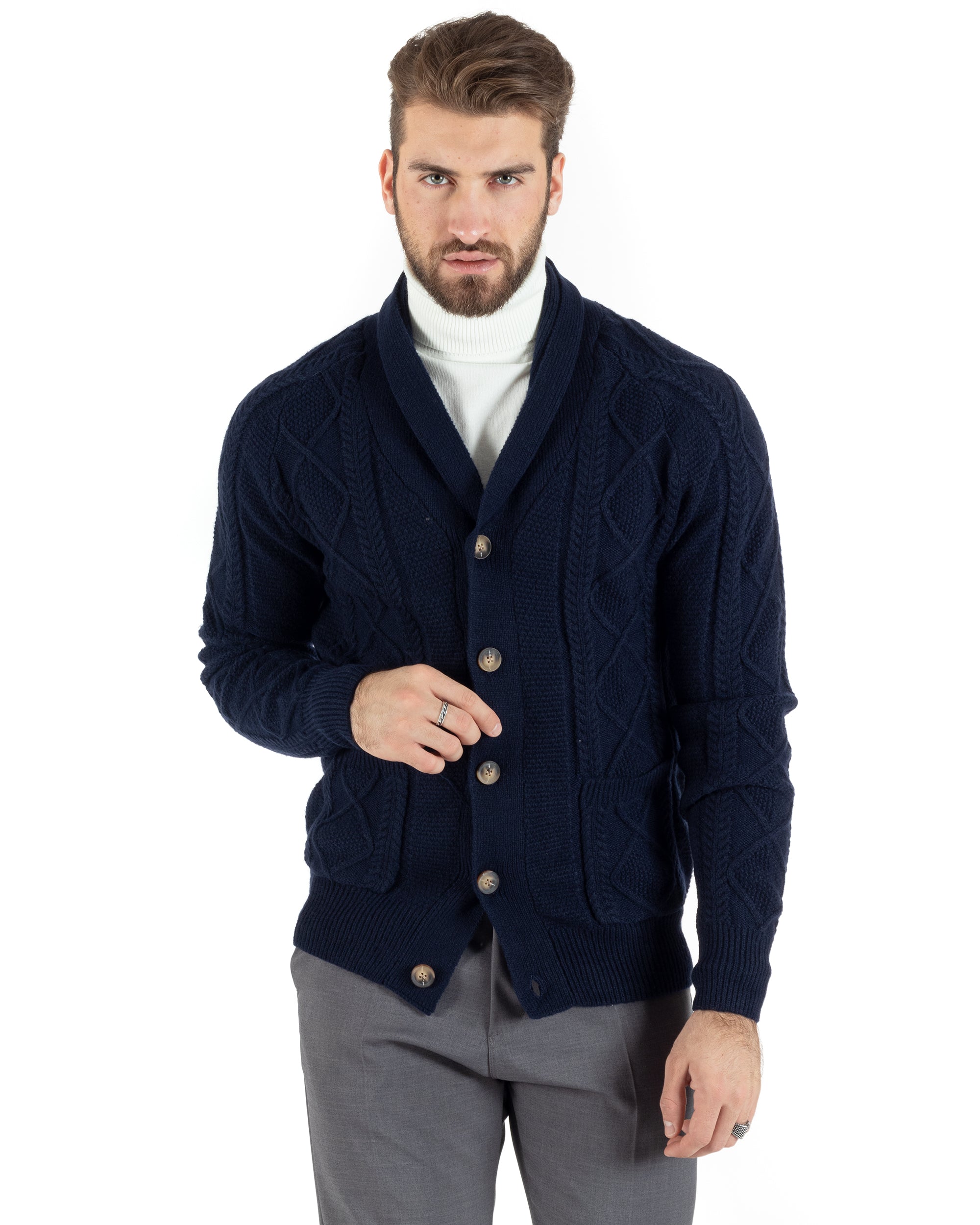 Cardigan Uomo Maglia Collo Sciallato Trecce Blu M2791A