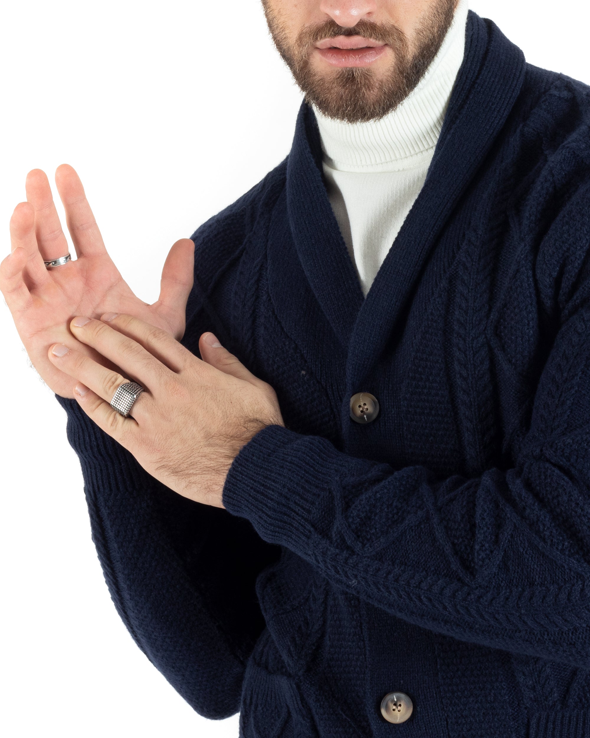 Cardigan Uomo Maglia Collo Sciallato Trecce Blu M2791A