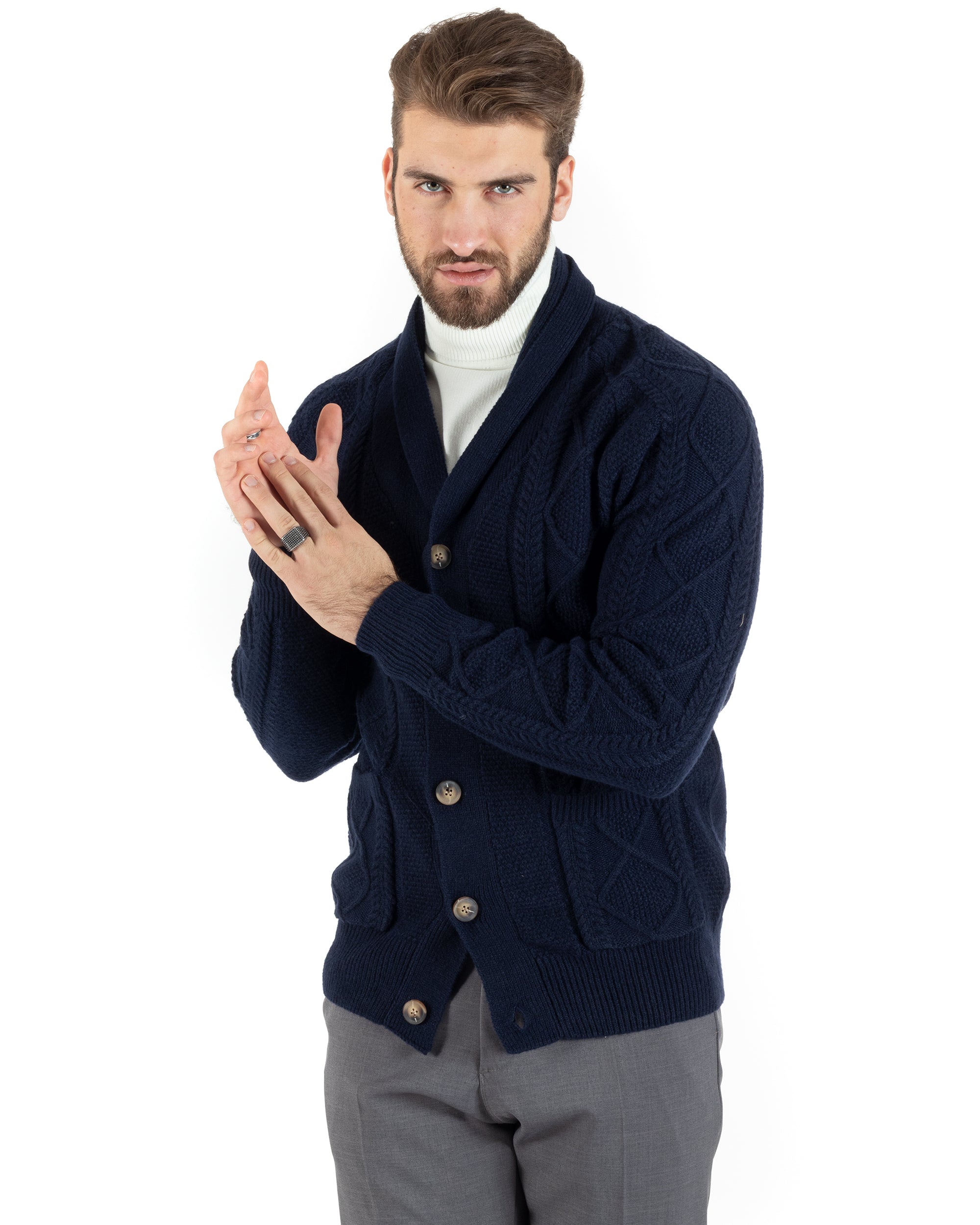 Cardigan Uomo Maglia Collo Sciallato Trecce Blu M2791A