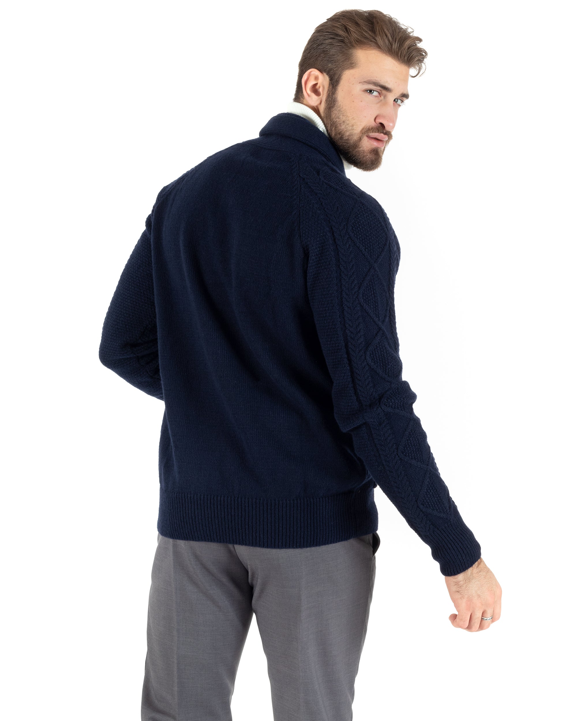 Cardigan Uomo Maglia Collo Sciallato Trecce Blu M2791A