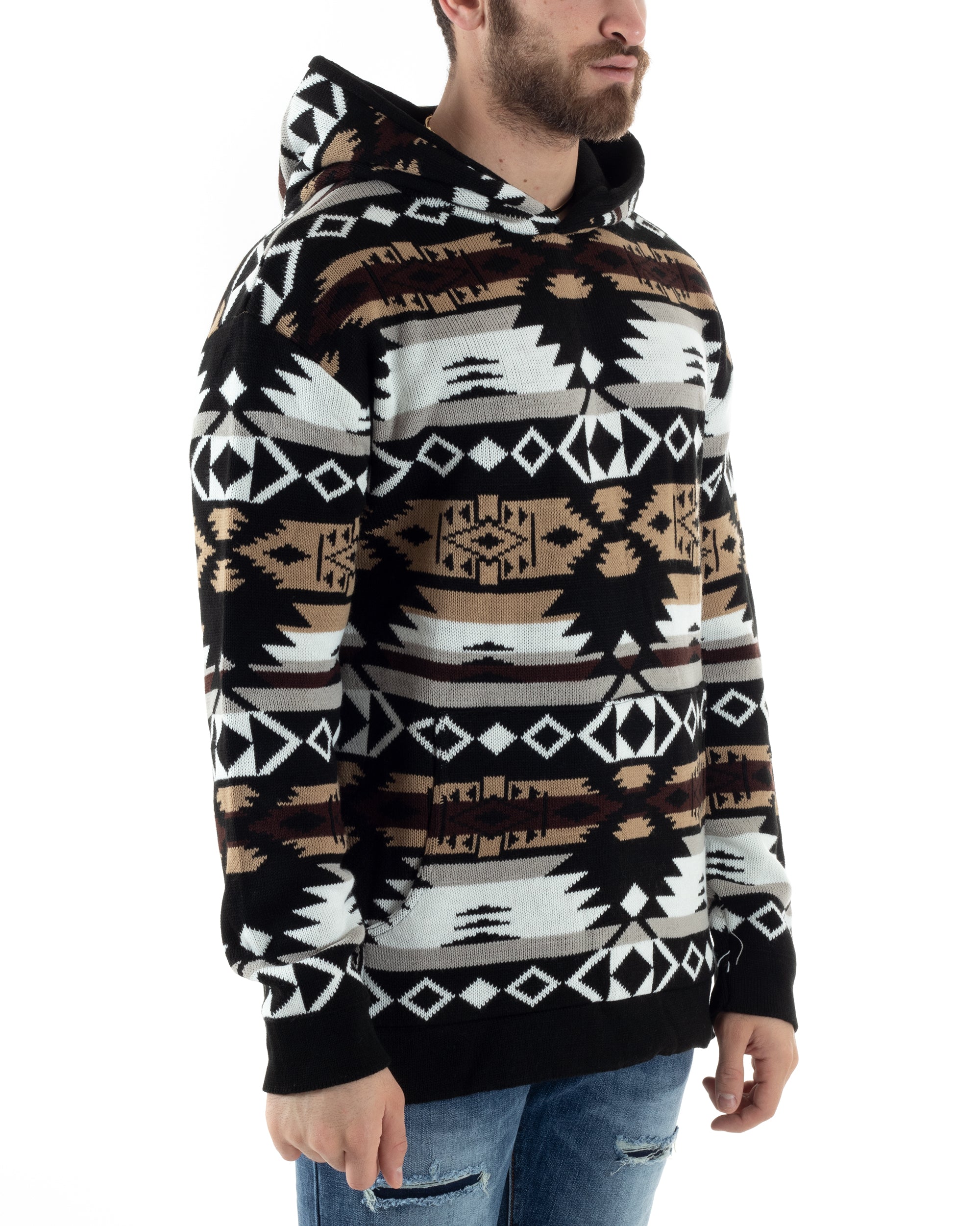 Maglioncino Uomo Con Cappuccio Fantasia Etnica Maglione Nero GIOSAL-M2794A