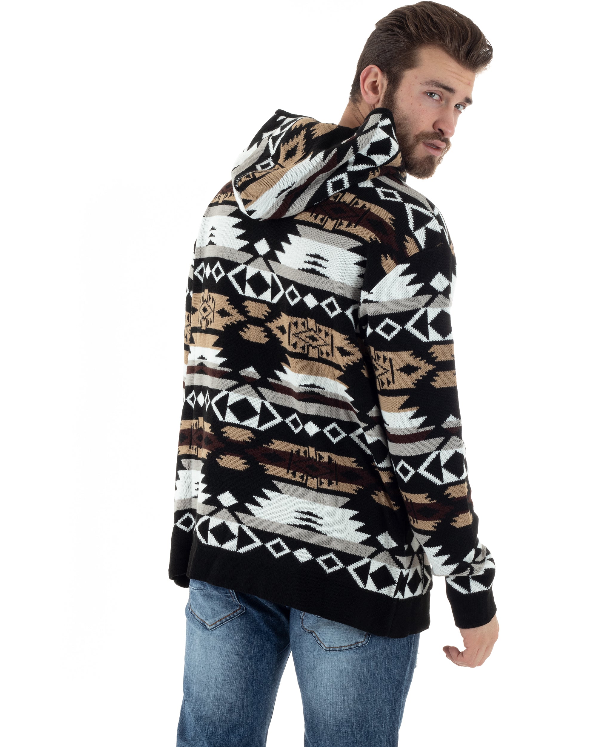 Maglioncino Uomo Con Cappuccio Fantasia Etnica Maglione Nero GIOSAL-M2794A