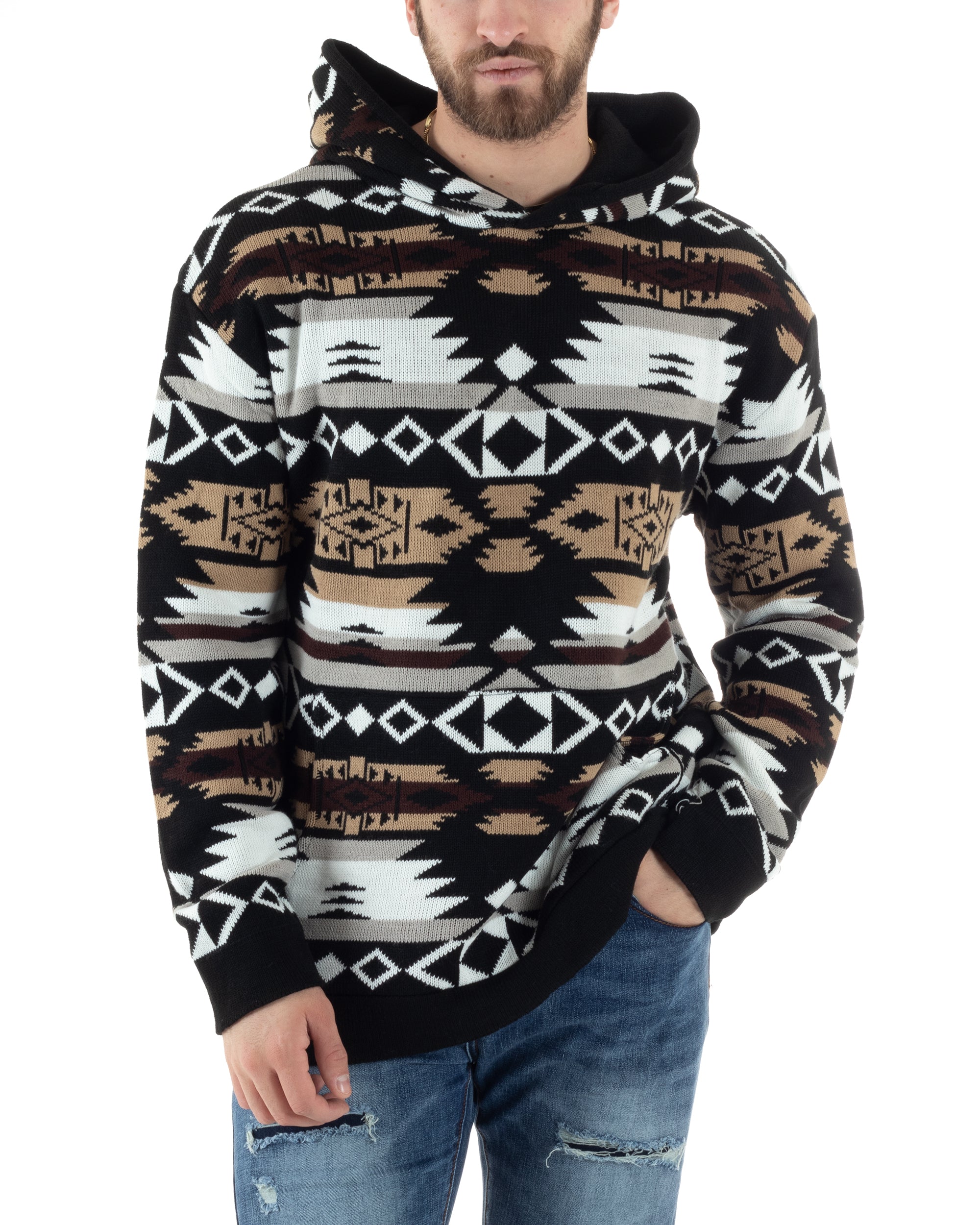 Maglioncino Uomo Con Cappuccio Fantasia Etnica Maglione Nero GIOSAL-M2794A
