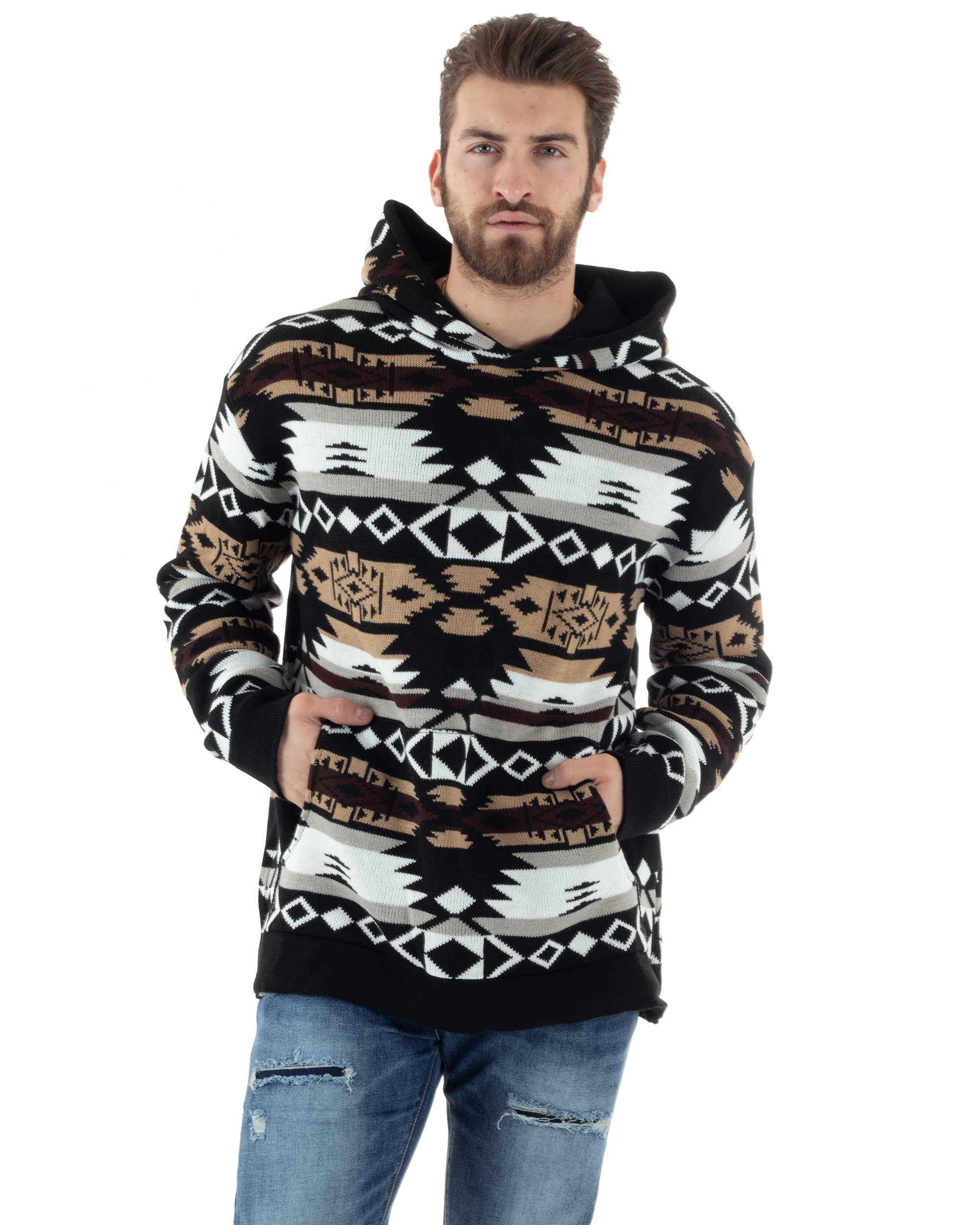 Maglioncino Uomo Con Cappuccio Fantasia Etnica Maglione Nero GIOSAL-M2794A