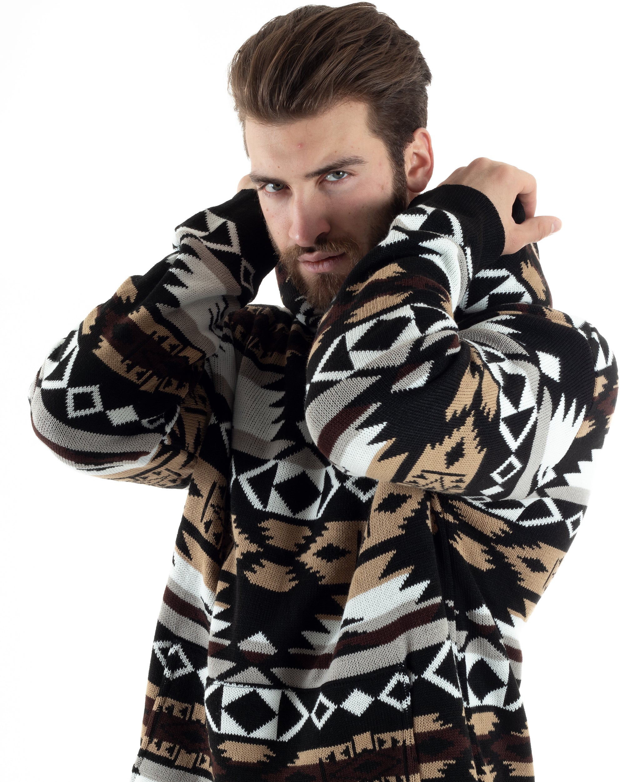 Maglioncino Uomo Con Cappuccio Fantasia Etnica Maglione Nero GIOSAL-M2794A