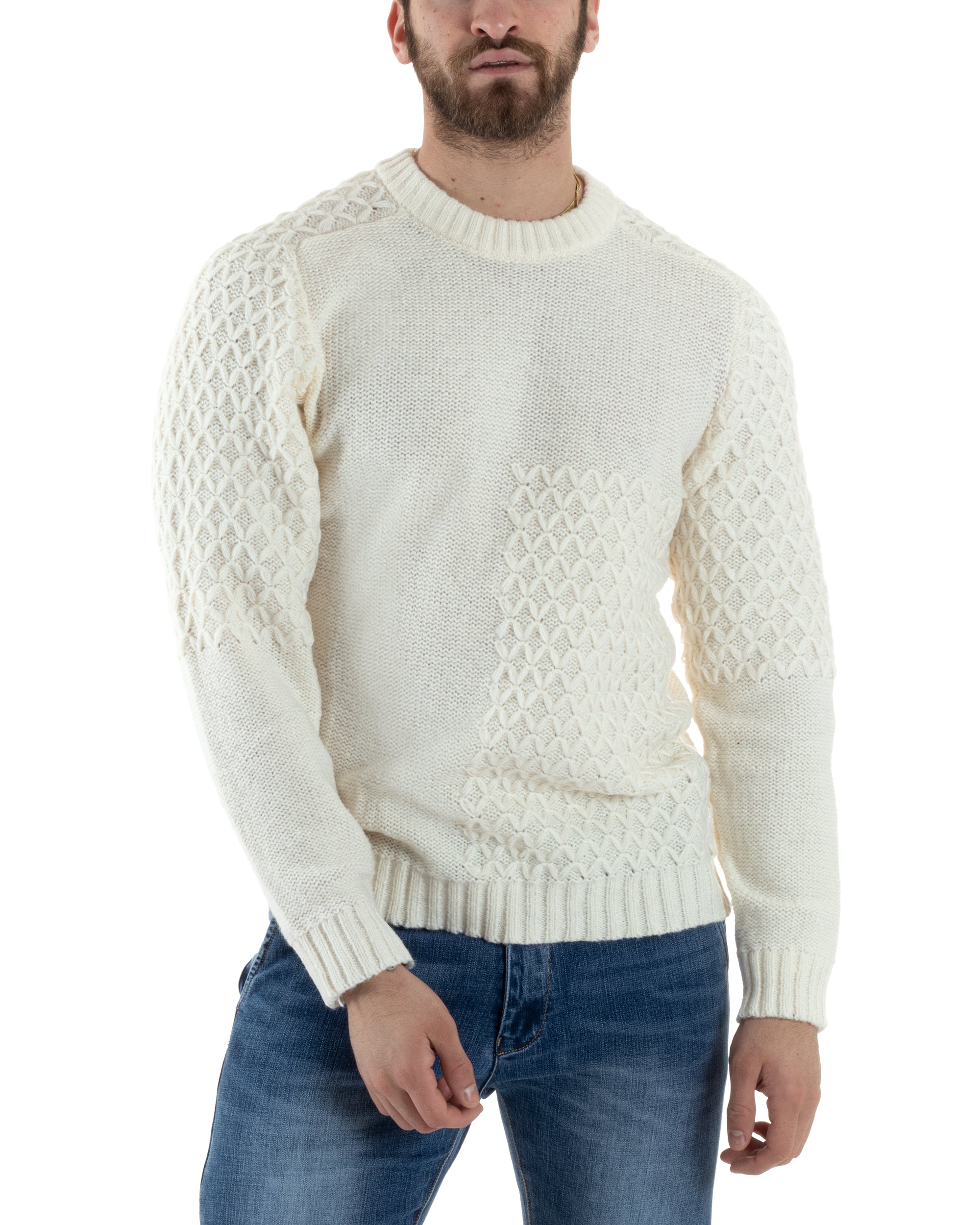 Maglione Intrecciato Uomo Girocollo Con Trecce Maglia Maglioncino Panna GIOSAL-M2795A