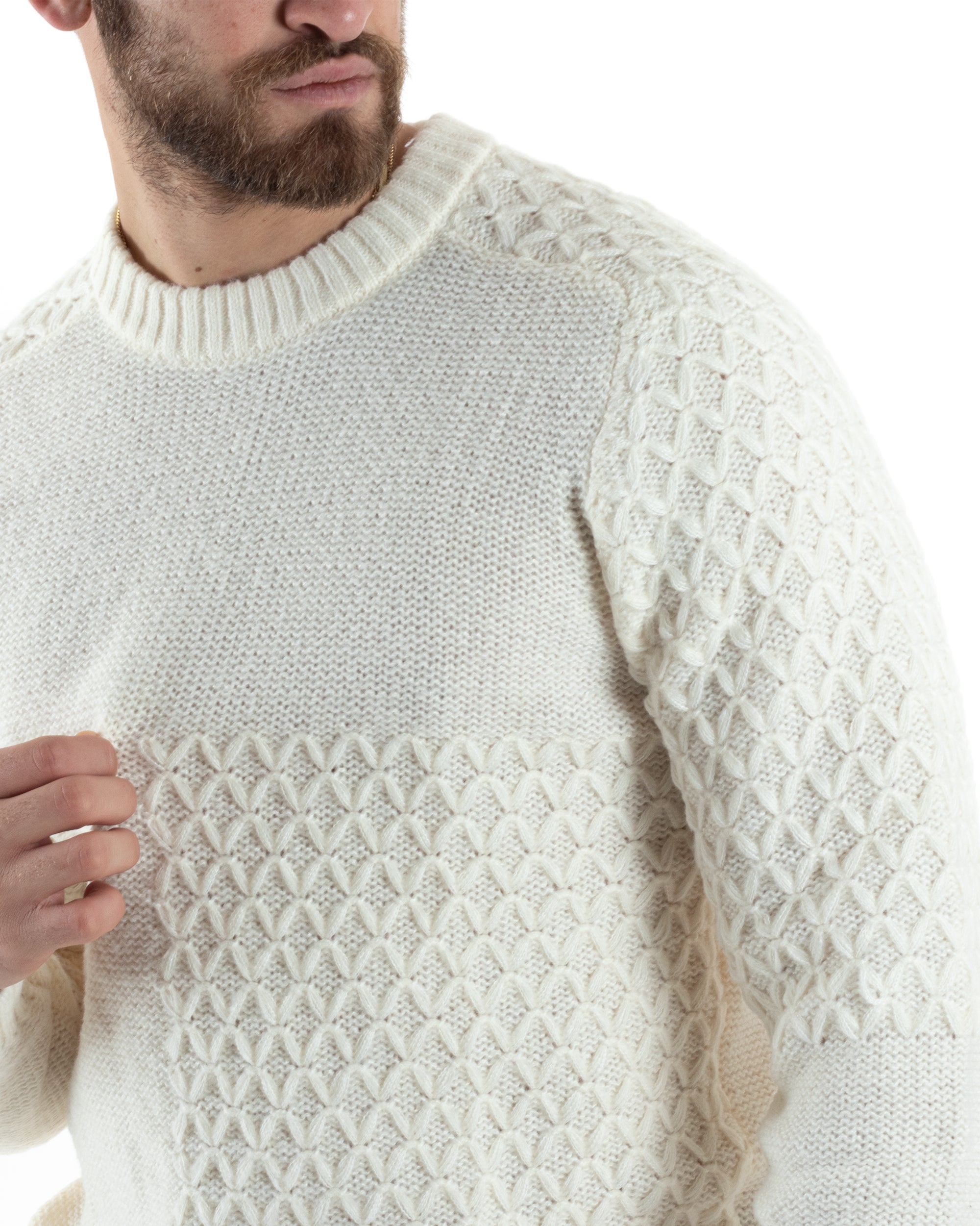 Maglione Intrecciato Uomo Girocollo Con Trecce Maglia Maglioncino Panna GIOSAL-M2795A