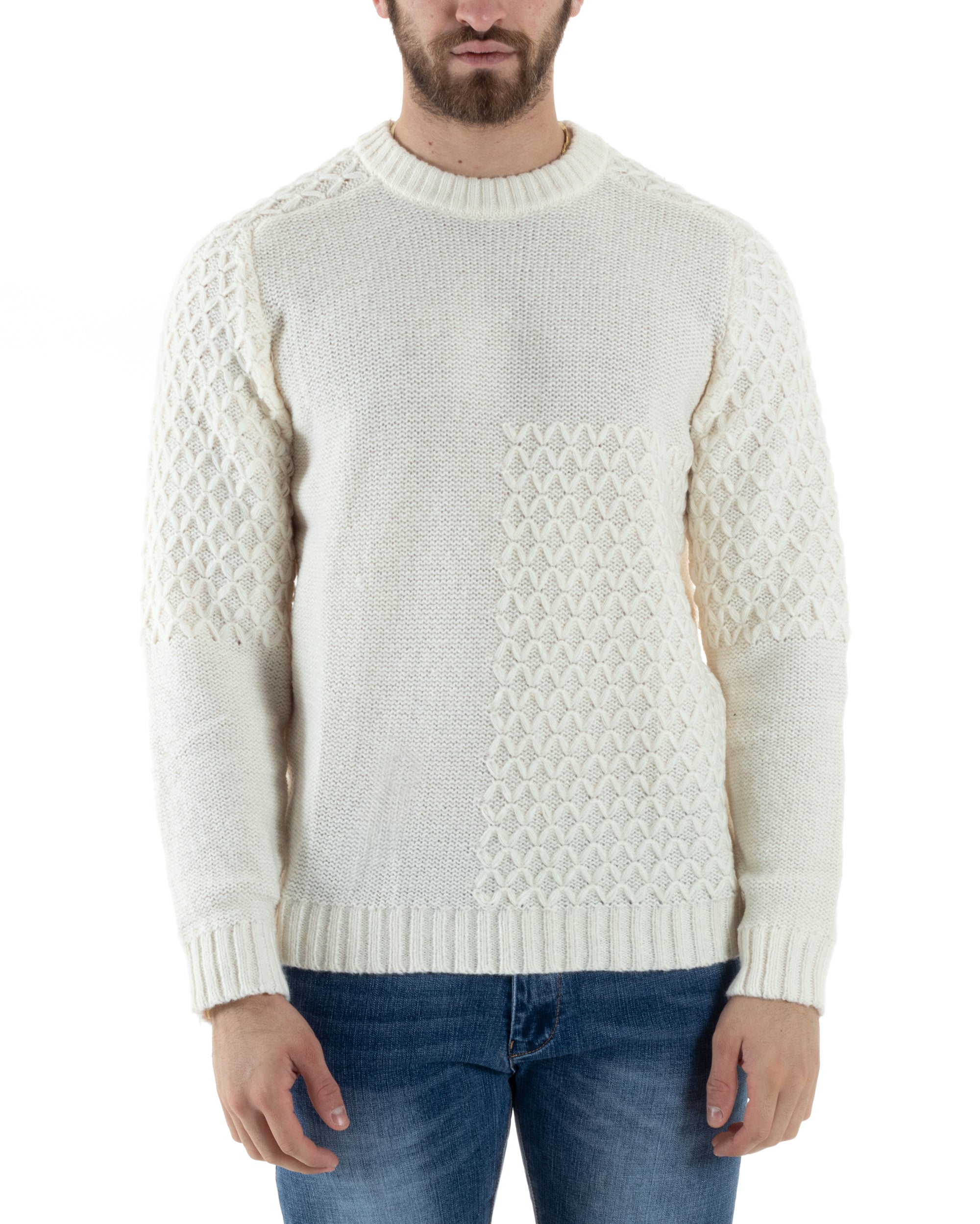 Maglione Intrecciato Uomo Girocollo Con Trecce Maglia Maglioncino Panna GIOSAL-M2795A