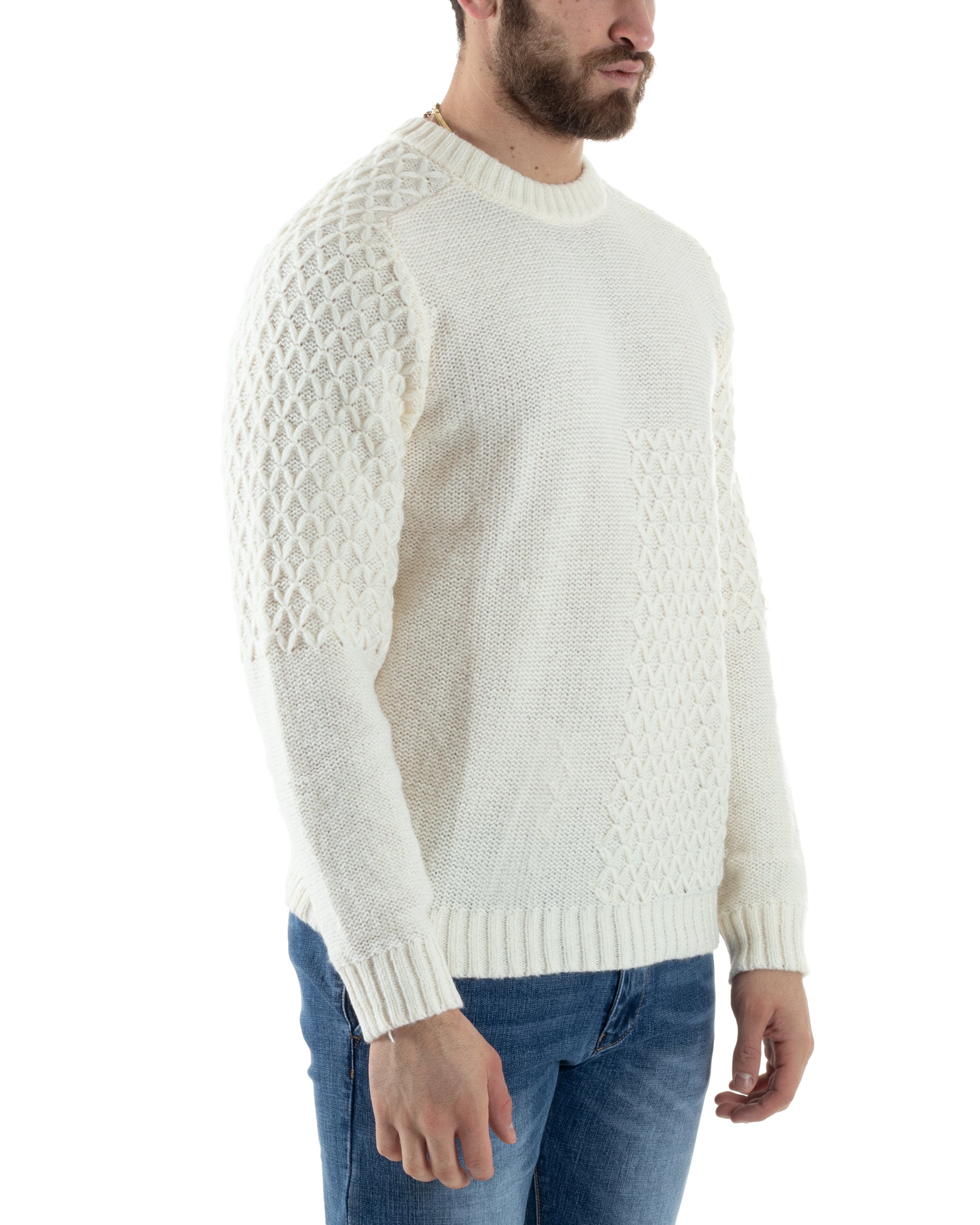 Maglione Intrecciato Uomo Girocollo Con Trecce Maglia Maglioncino Panna GIOSAL-M2795A
