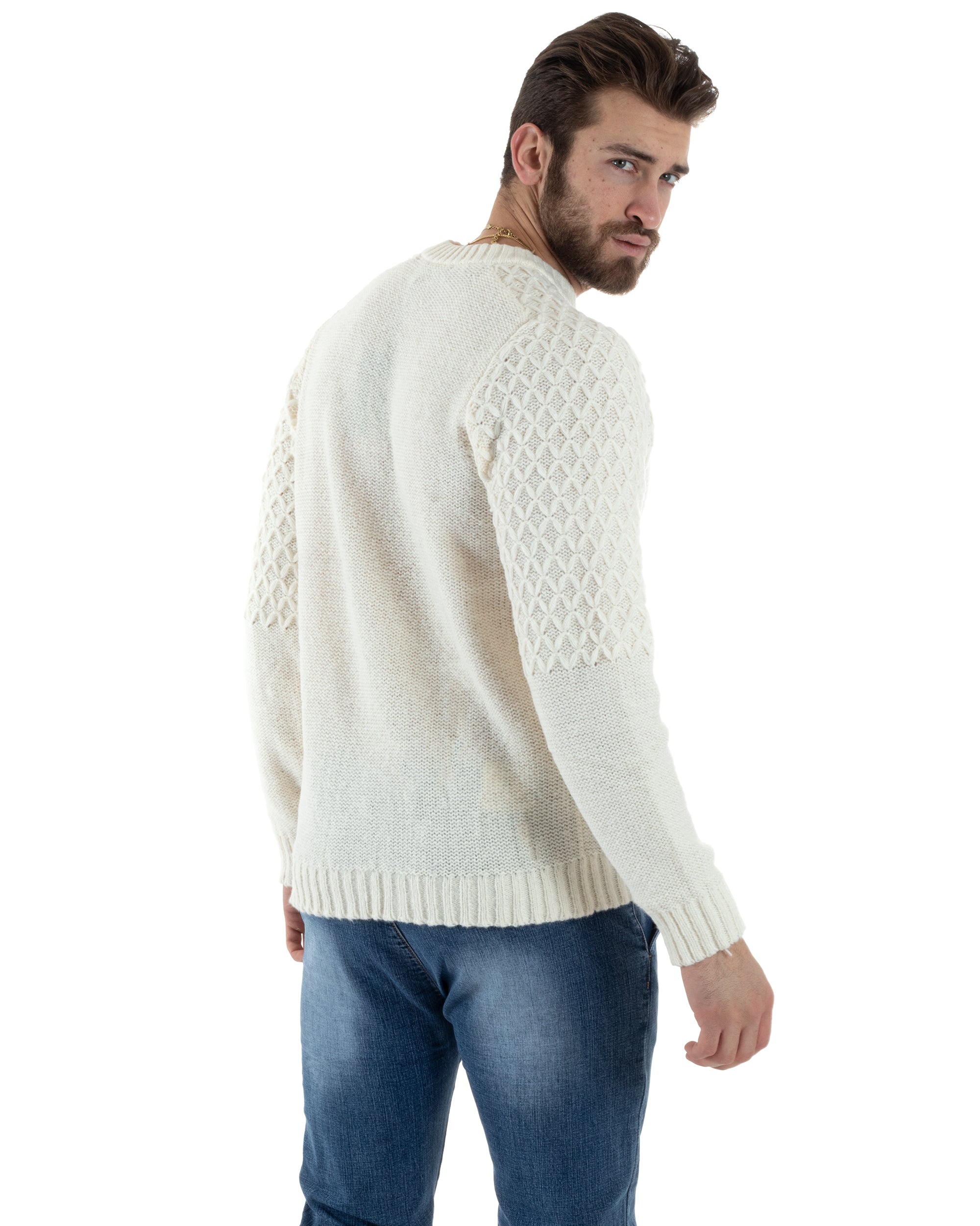 Maglione Intrecciato Uomo Girocollo Con Trecce Maglia Maglioncino Panna GIOSAL-M2795A