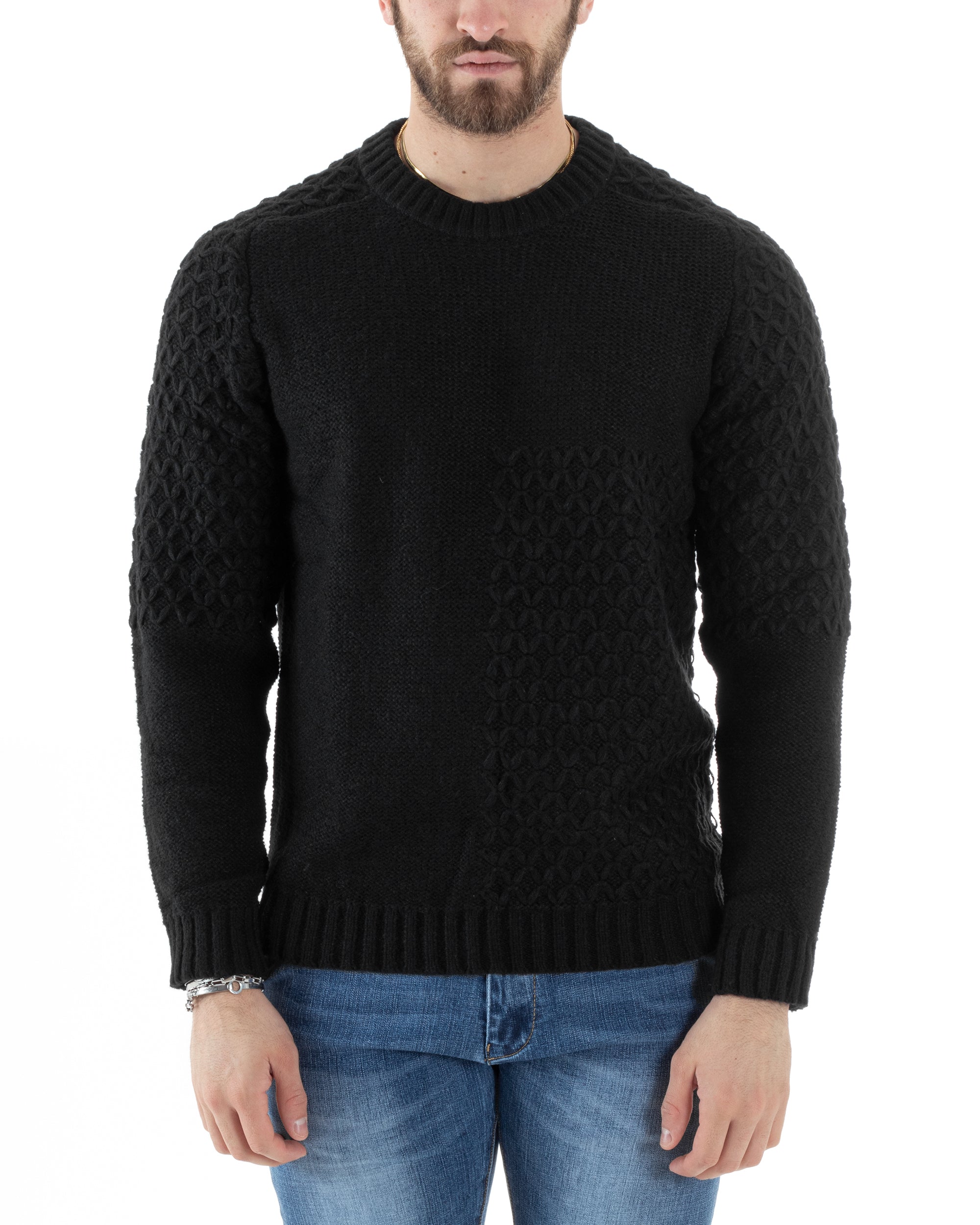 Maglione Intrecciato Uomo Girocollo Con Trecce Maglia Maglioncino Nero GIOSAL-M2796A