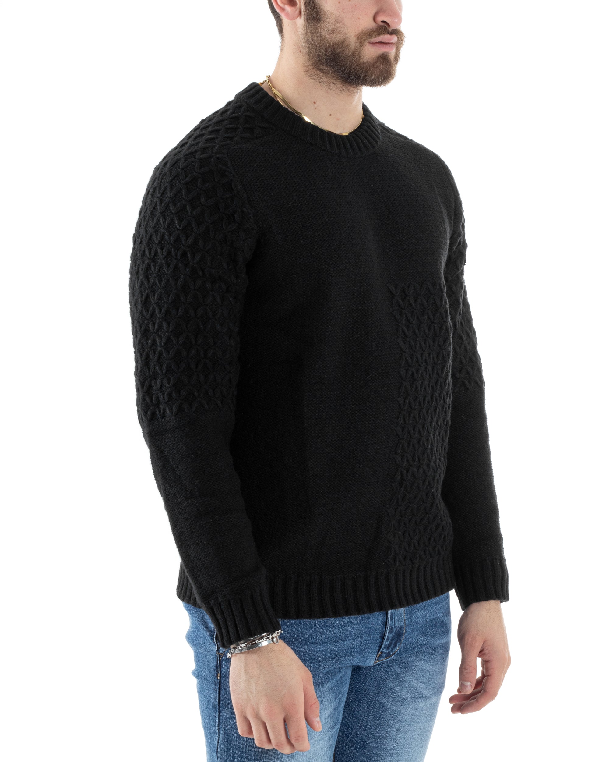 Maglione Intrecciato Uomo Girocollo Con Trecce Maglia Maglioncino Nero GIOSAL-M2796A