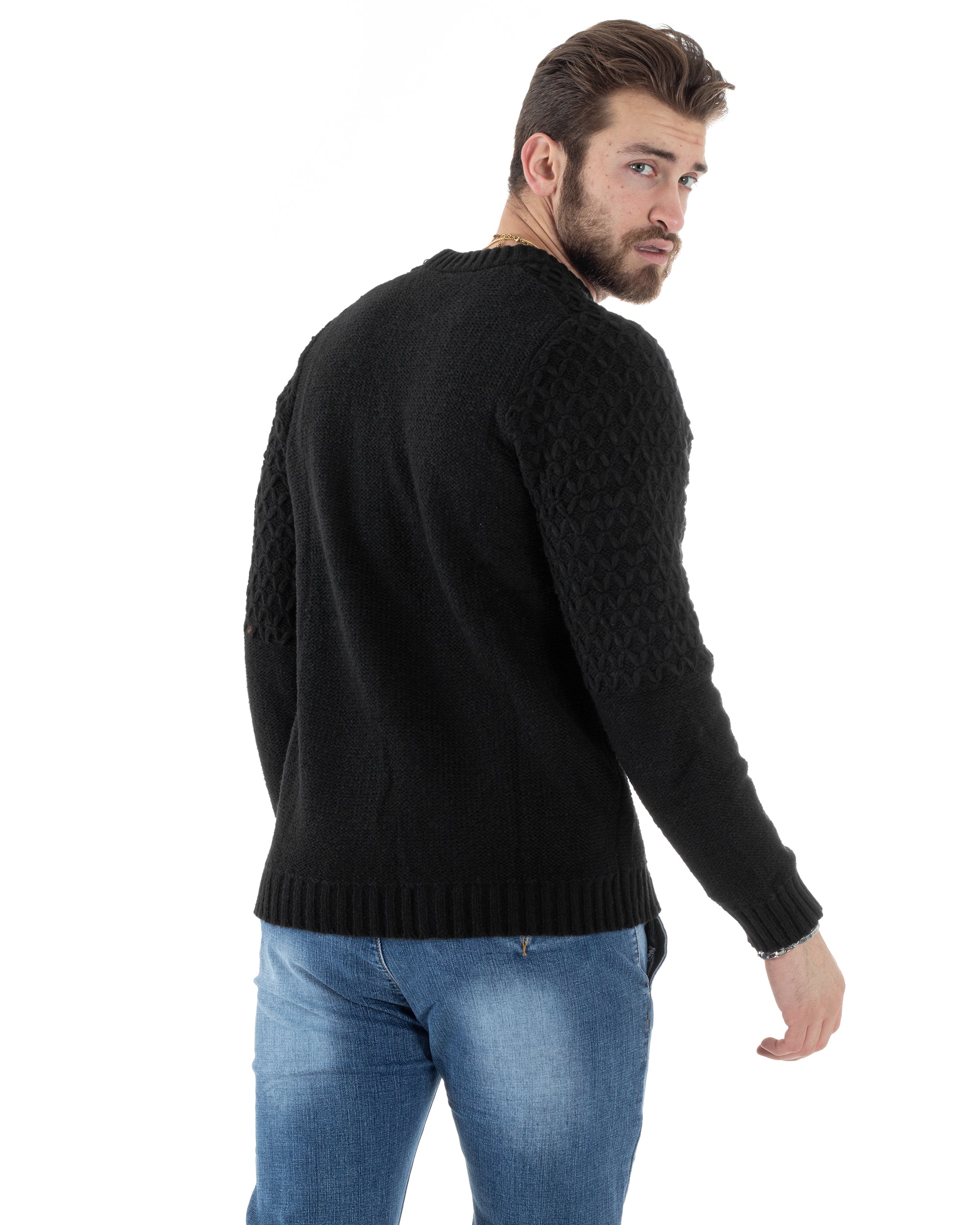 Maglione Intrecciato Uomo Girocollo Con Trecce Maglia Maglioncino Nero GIOSAL-M2796A
