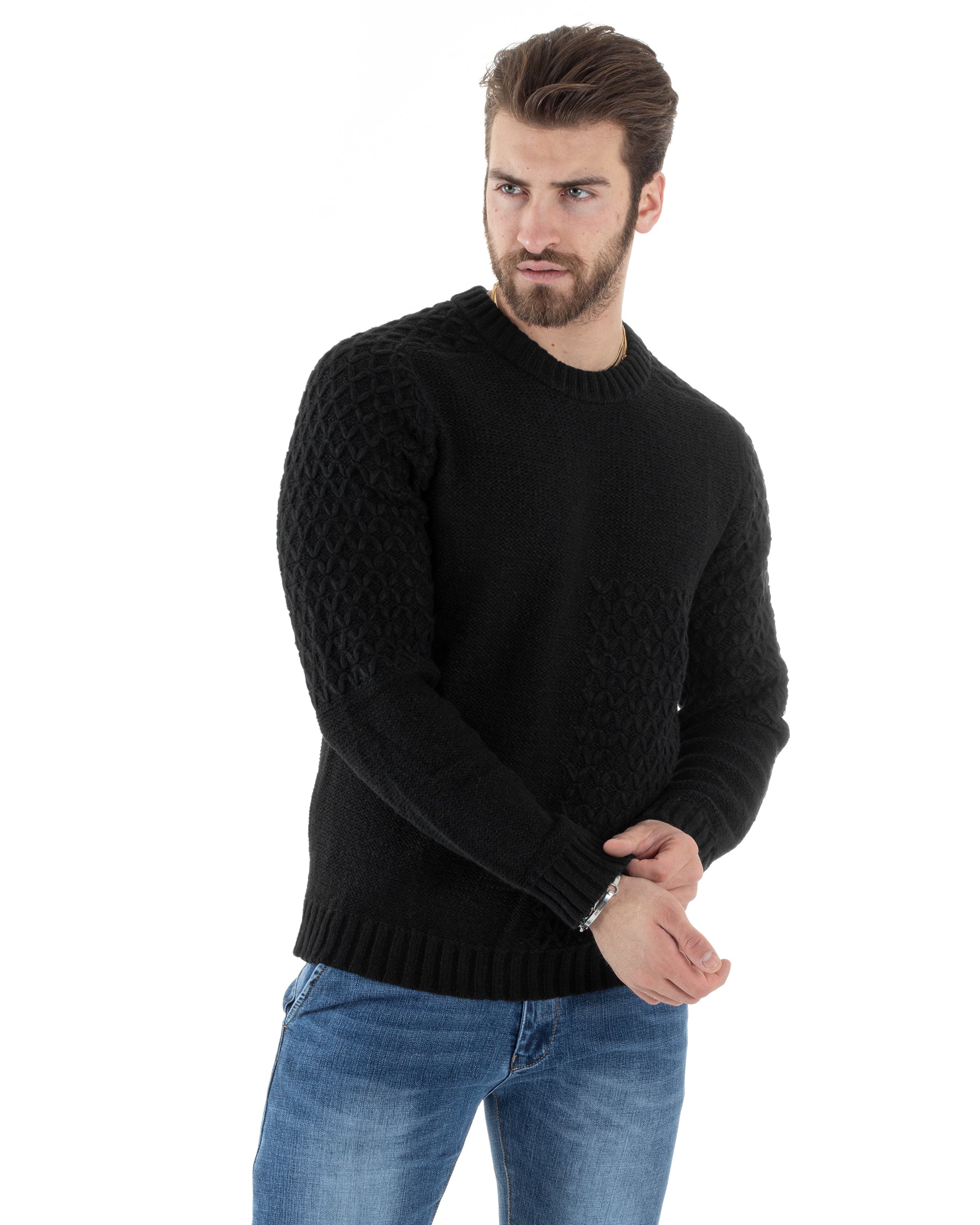 Maglione Intrecciato Uomo Girocollo Con Trecce Maglia Maglioncino Nero GIOSAL-M2796A