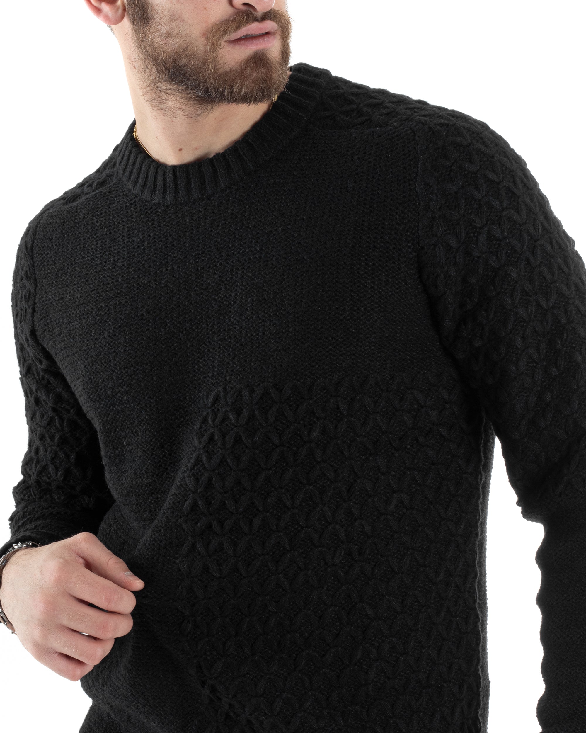 Maglione Intrecciato Uomo Girocollo Con Trecce Maglia Maglioncino Nero GIOSAL-M2796A