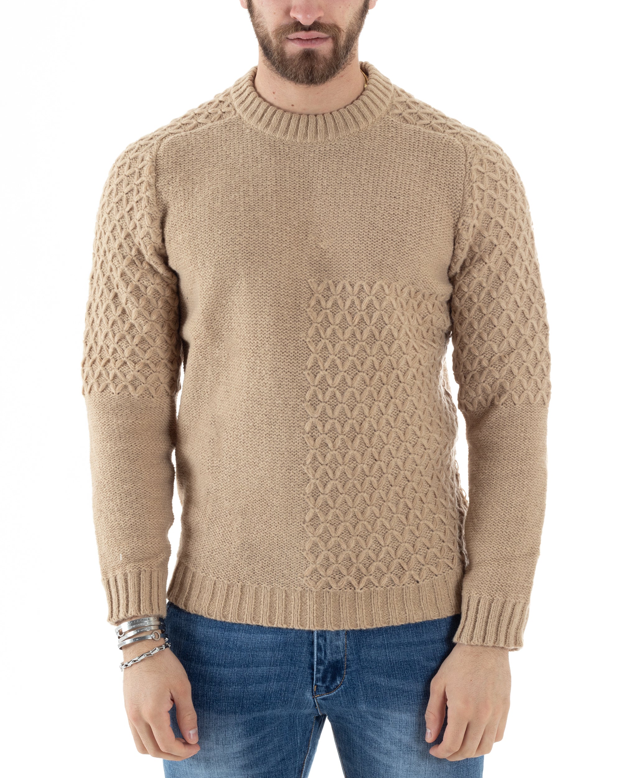 Maglione Intrecciato Uomo Girocollo Con Trecce Maglia Maglioncino Beige GIOSAL-M2797A