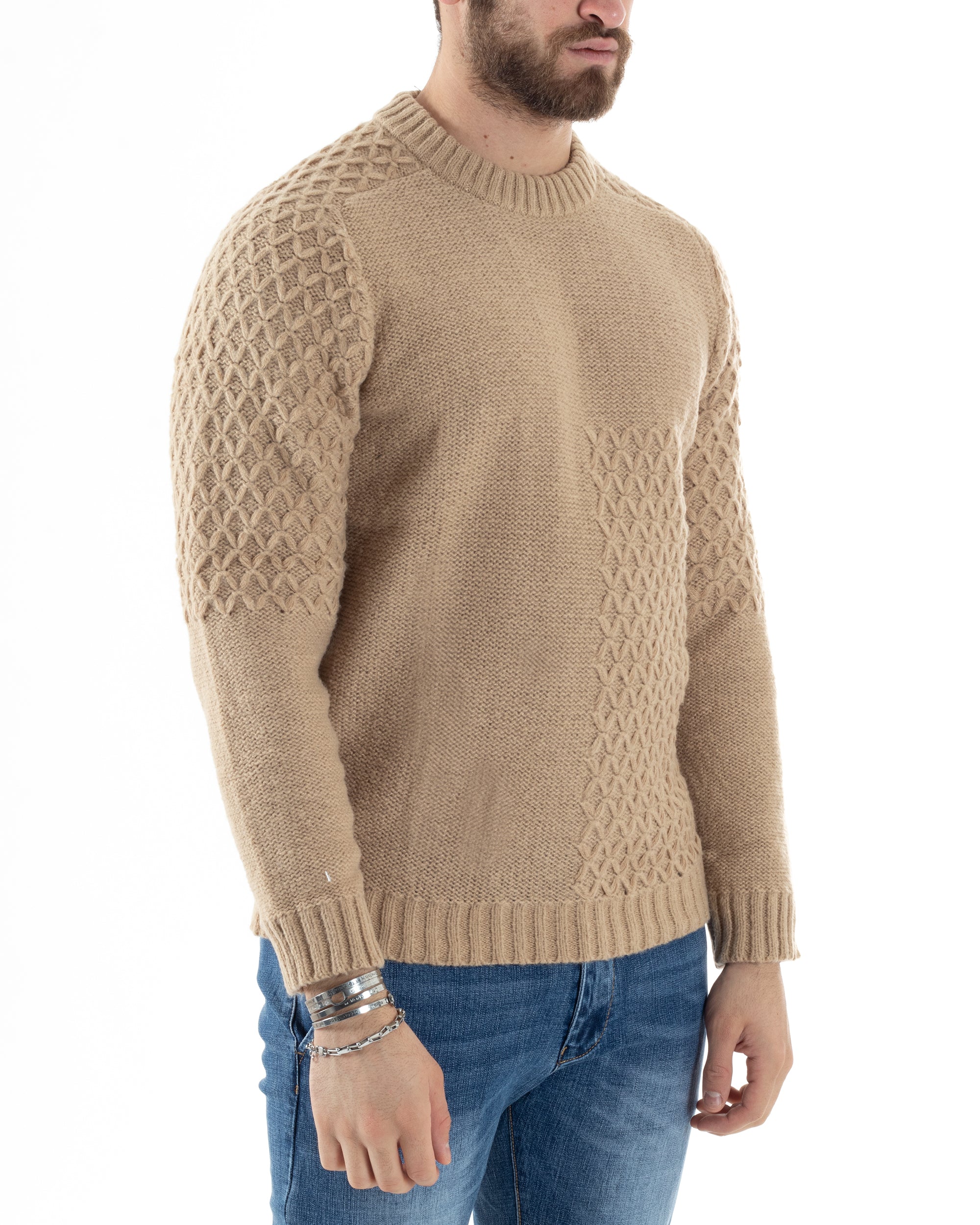 Maglione Intrecciato Uomo Girocollo Con Trecce Maglia Maglioncino Beige GIOSAL-M2797A