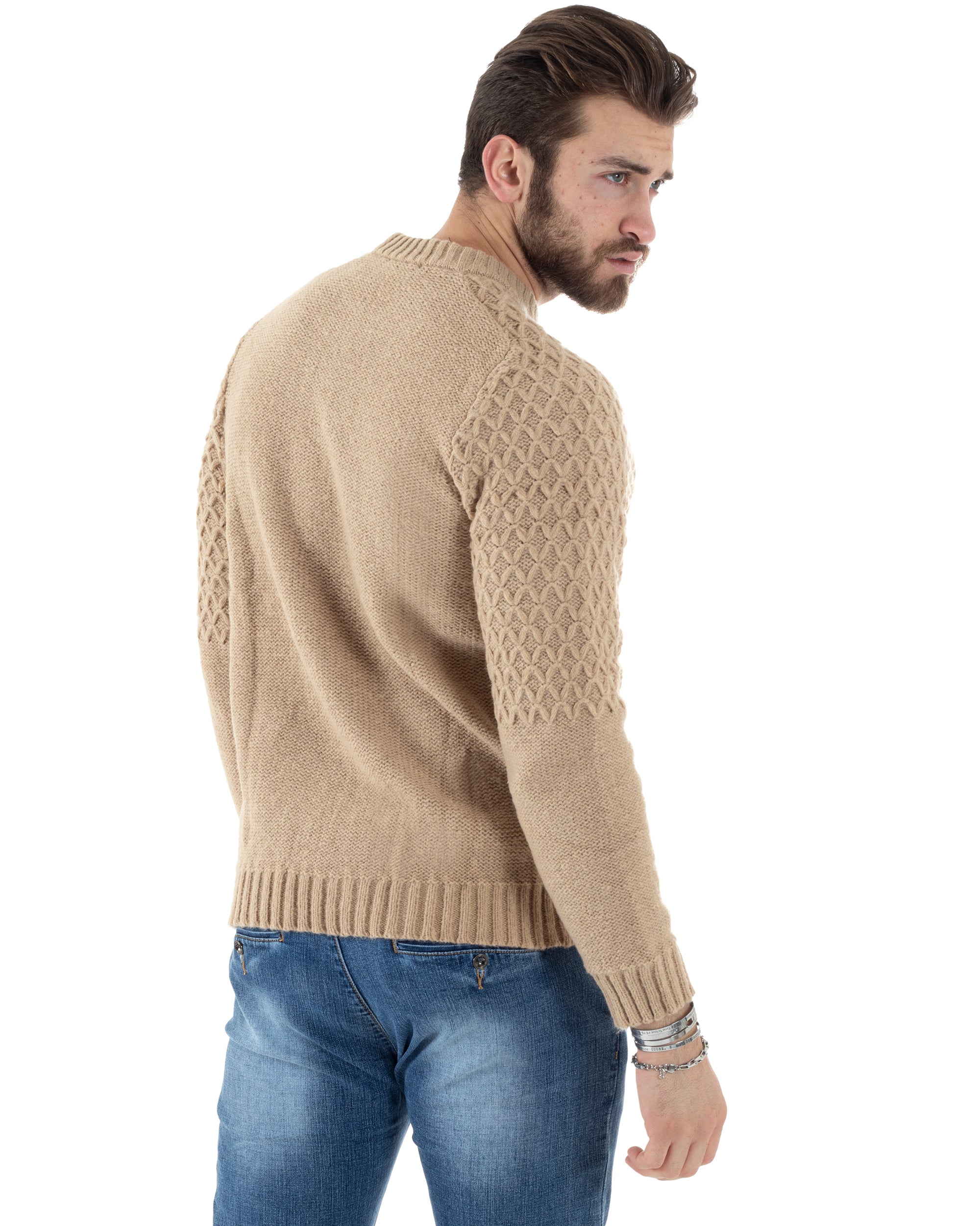 Maglione Intrecciato Uomo Girocollo Con Trecce Maglia Maglioncino Beige GIOSAL-M2797A