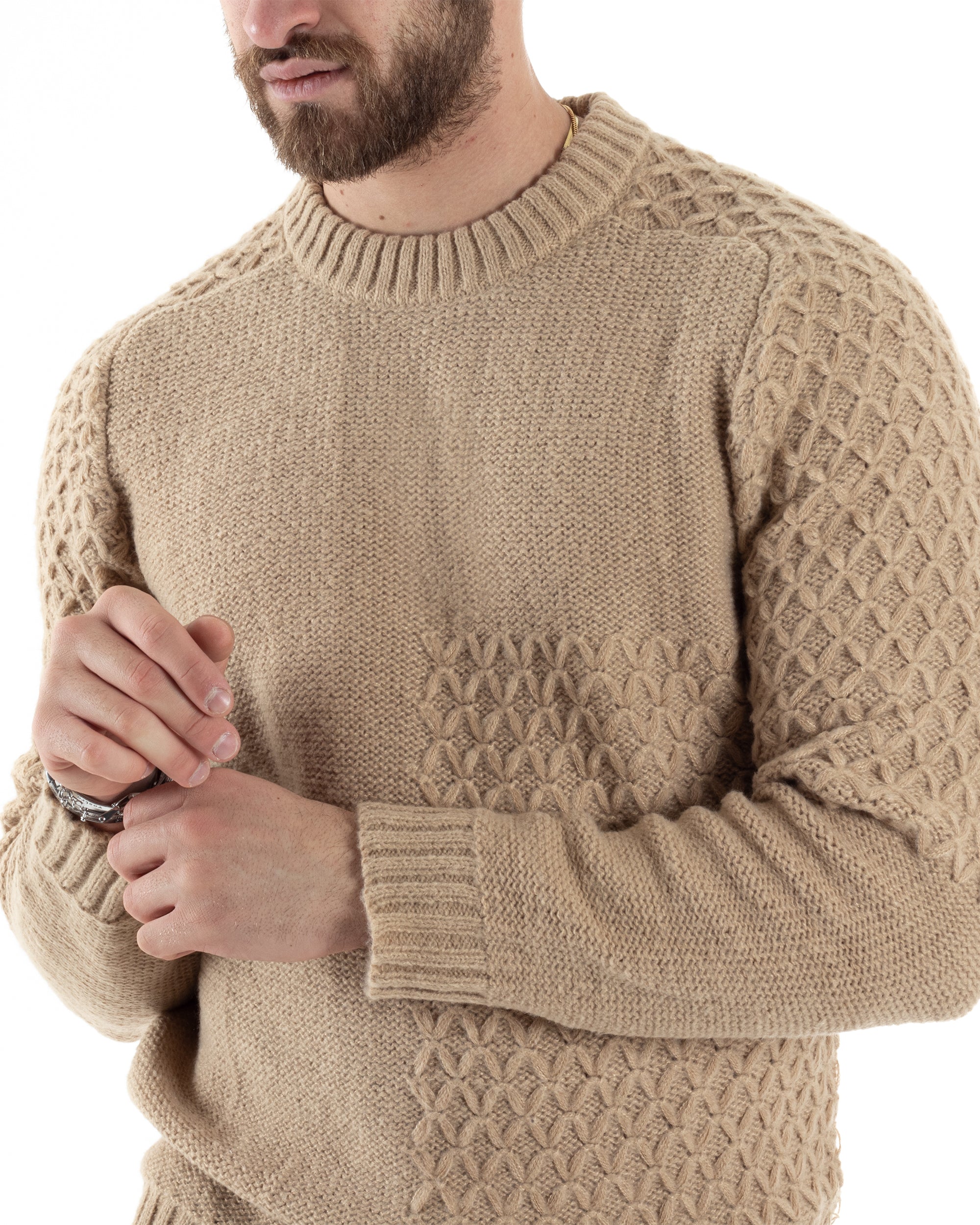 Maglione Intrecciato Uomo Girocollo Con Trecce Maglia Maglioncino Beige GIOSAL-M2797A
