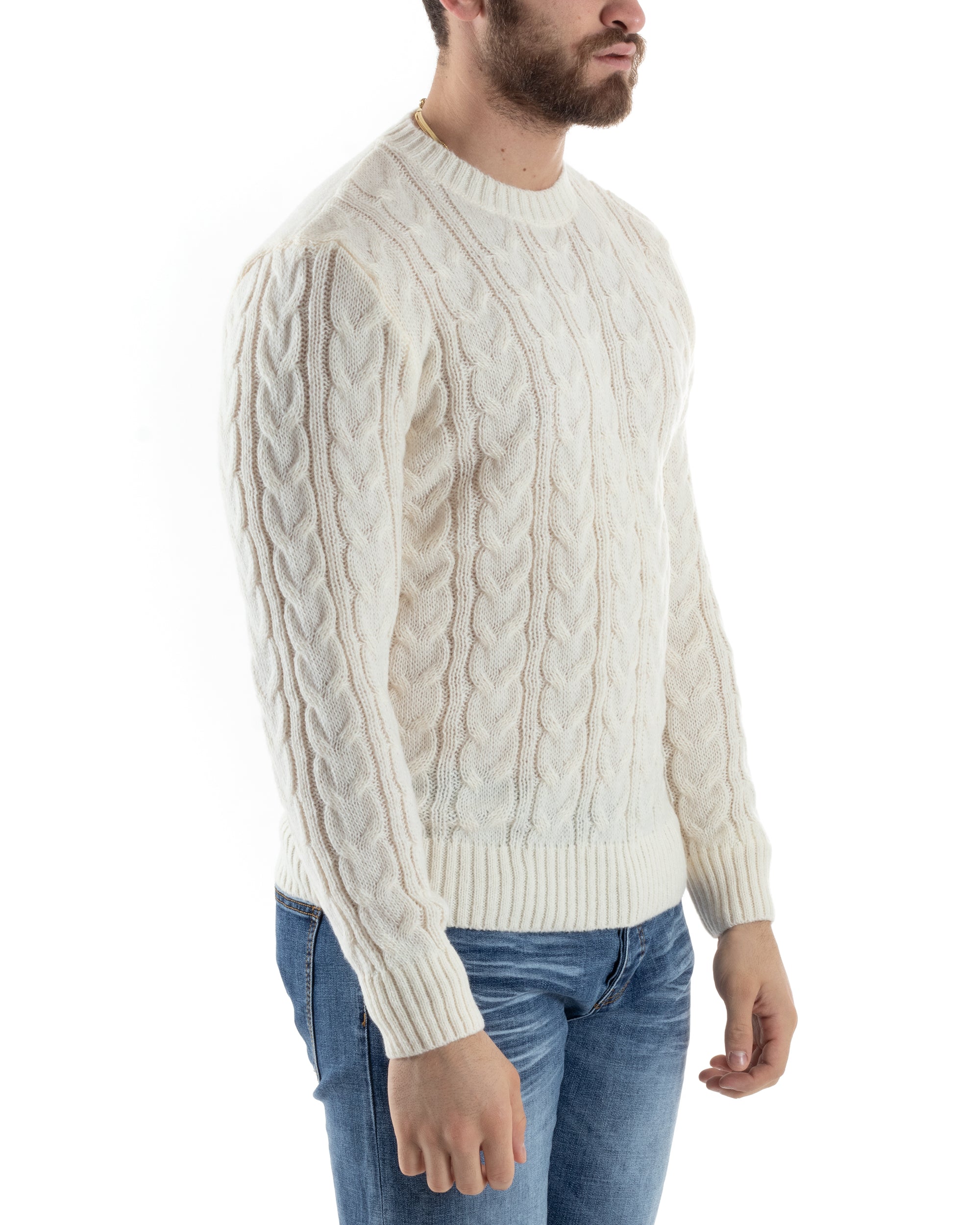Maglione Uomo Girocollo Con Trecce Maglia Intrecciata Panna M2801A